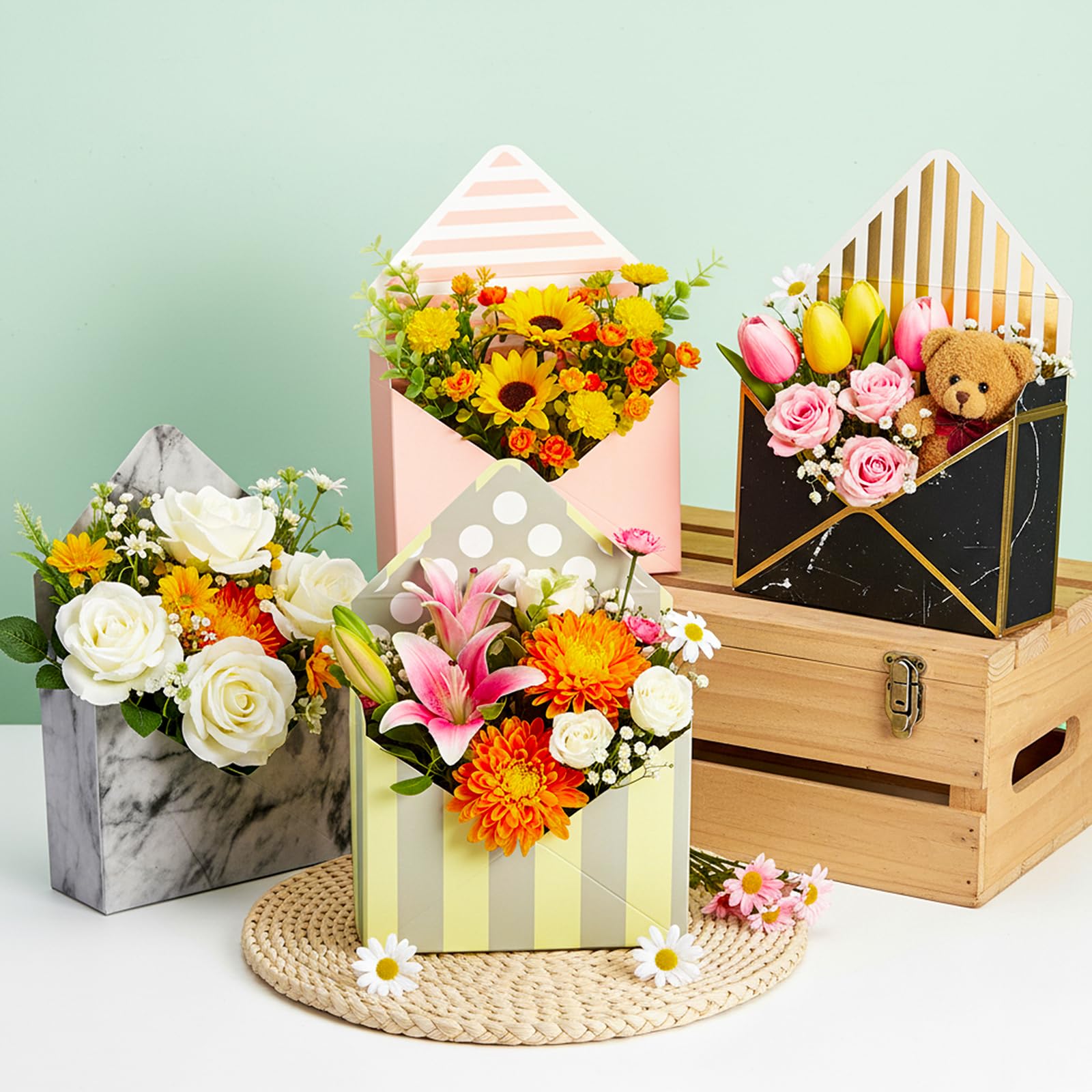 Elsjoy Set of 10 Florist Bouquet Envelope Boxes, 10 Styles Flower Bouquet Packaging Gift Paper Boxes for Wedding, Valentine's Day, Mother's Day