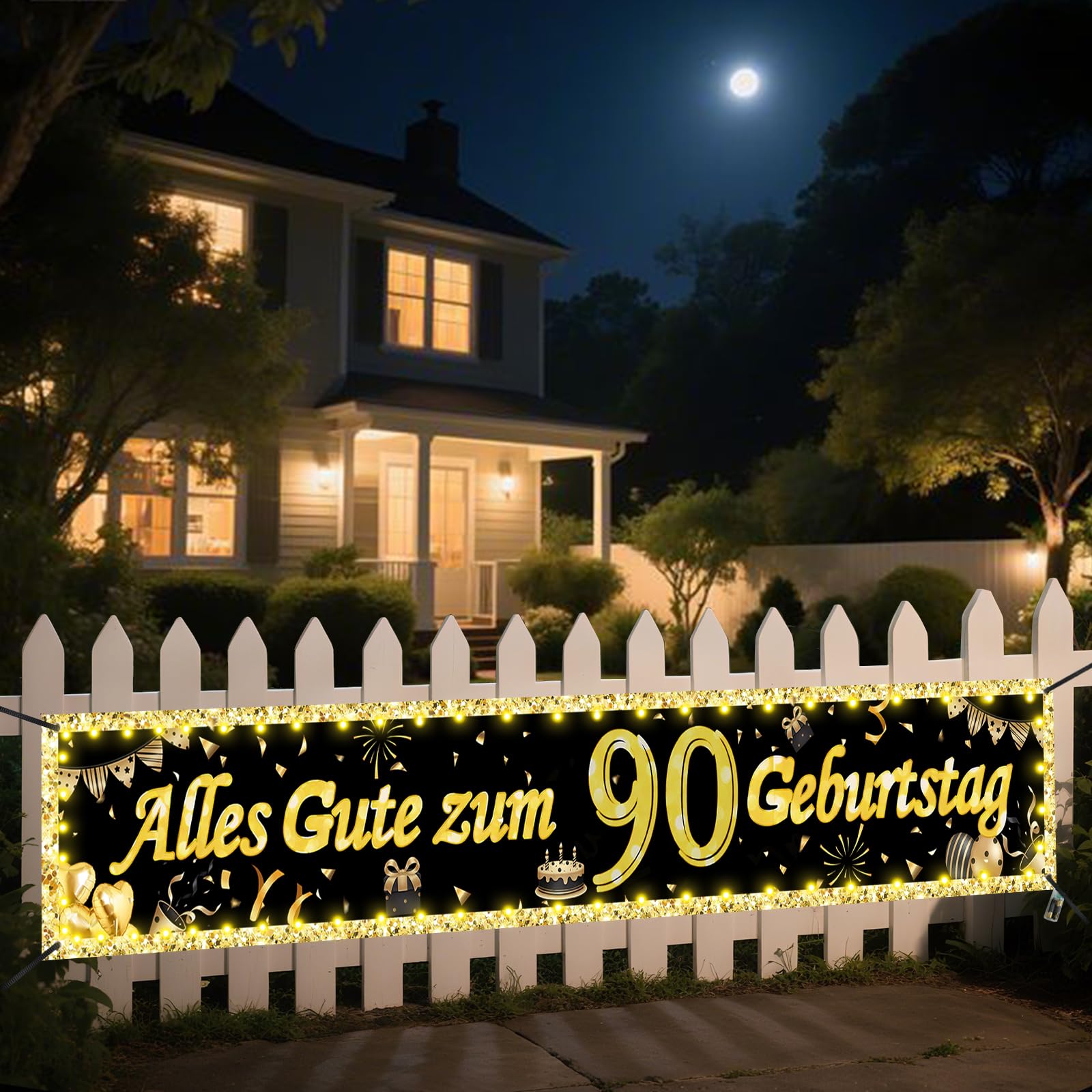 Seutgjie Deko Banners mit LED Lichtband für Frauen Männer 40 * 270CM Hintergrund Dekoration Gold Schwarz