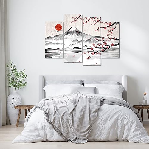 Miniatura 5 de LyerArtork Pintura de tinta japonesa de 4 paneles, arte de pared Fuji con luna, decoración de pared, flor de cerezo, lienzo impreso japonés