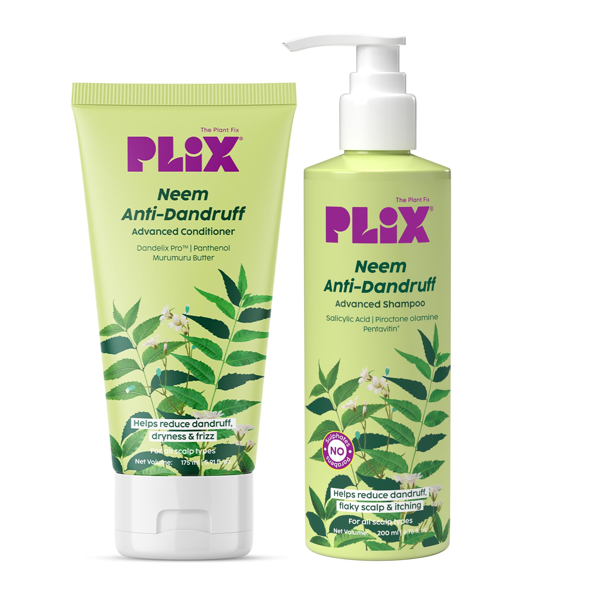 PLIX - THE PLANT FIX Neem Anti-Dandruff Advanced Kit | Shampoo (200ml), Conditioner (175ml) | Reduces Dandruff & Scalp Itching | Piractone Olamine & 3% Dandelix Pro™