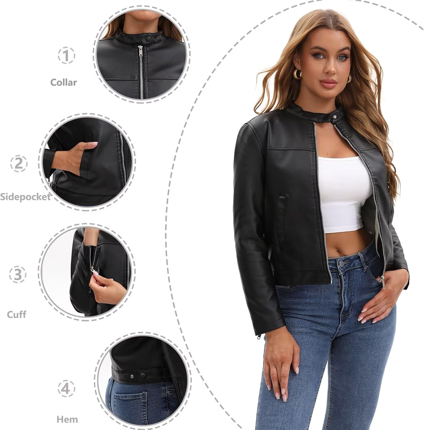 CHIGUO Women's Faux Leather Motorcycle Jacket Casual Zip-Up Biker Trendy Coat with Pockets - Image 2
