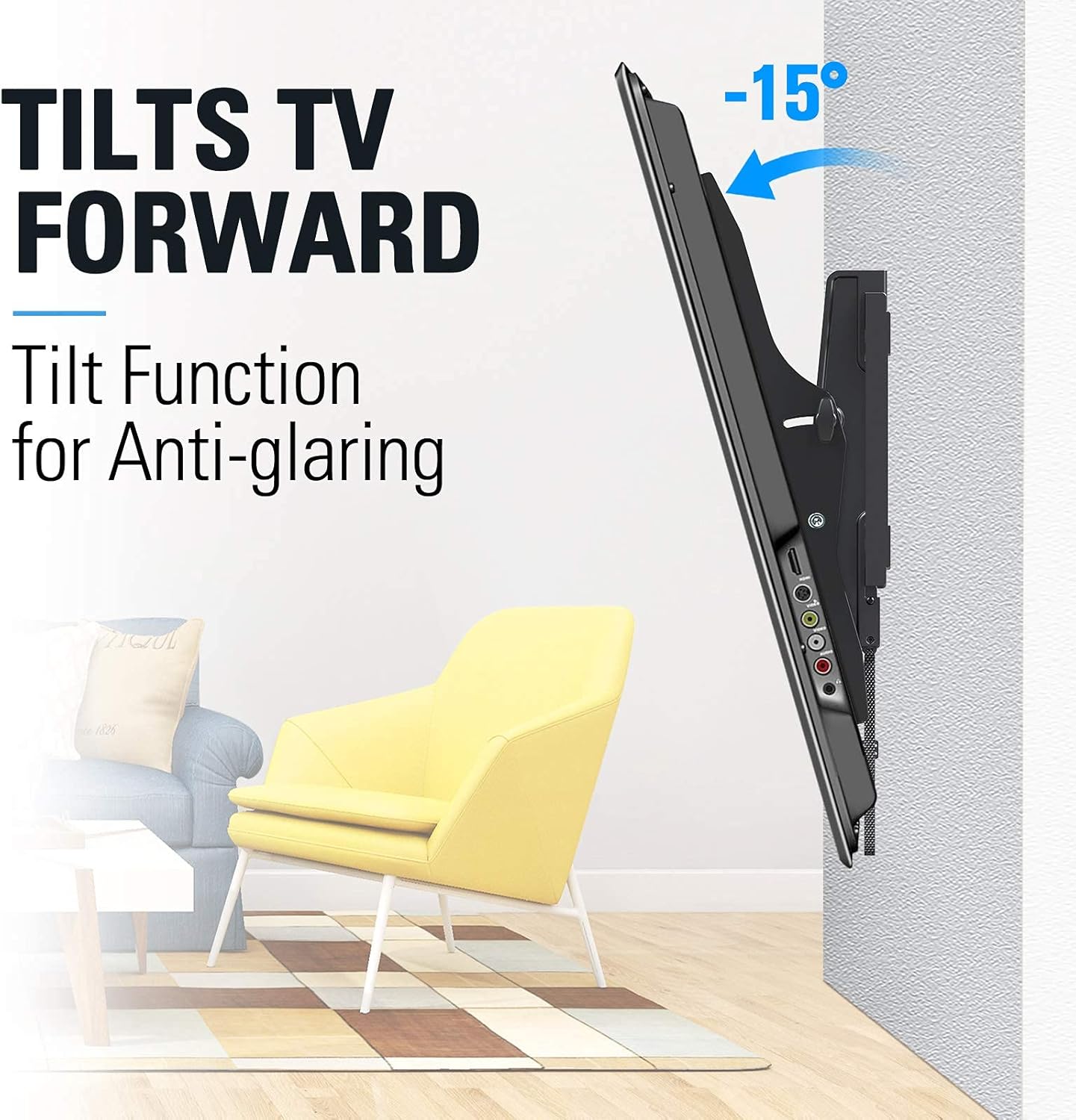 Diagram showing a TV mounted on MD2263-XLK tilting forward by 15 degrees for anti-glare.