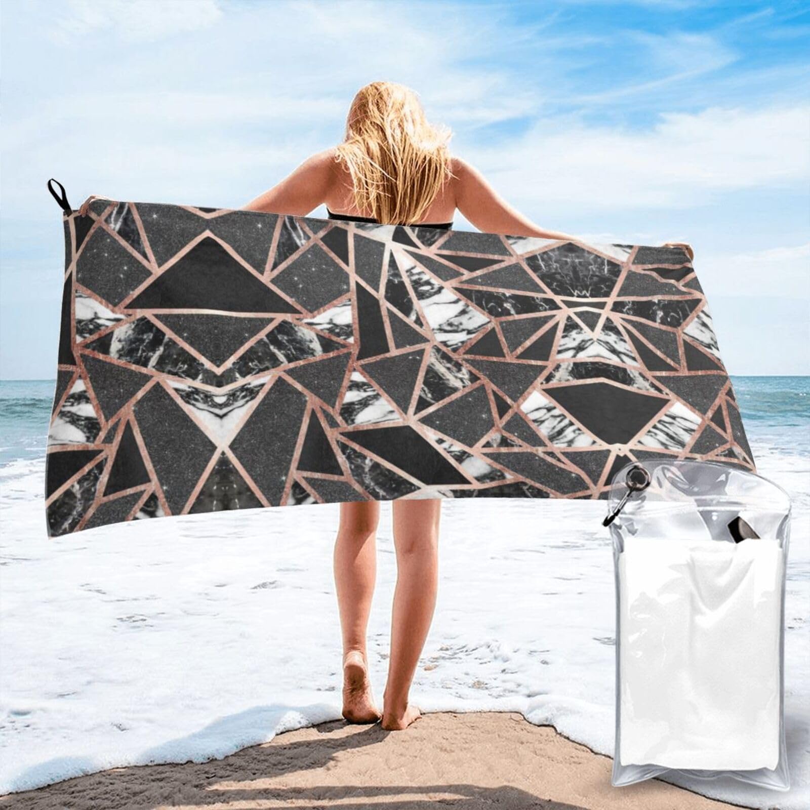 VCzsdff Rose Gold Marble Print Quick Dry Towel Compact Beach Shower Wrap For Camping Fitness