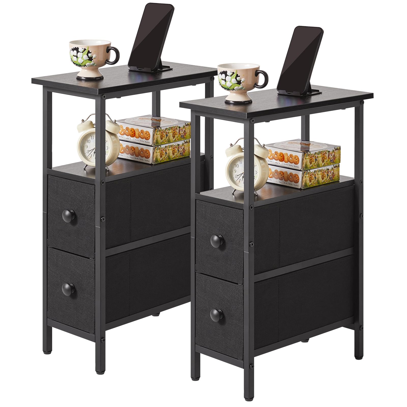 YMYNY Schmales Beistelltisch-Set, 2 Stück, schmaler Nachttisch mit 2 Stoffschubladen, nachtschränkchen für kleine Räume, beistelltisch Couch für Schlafzimmer und Wohnzimmer, Schwarz HST019B-2
