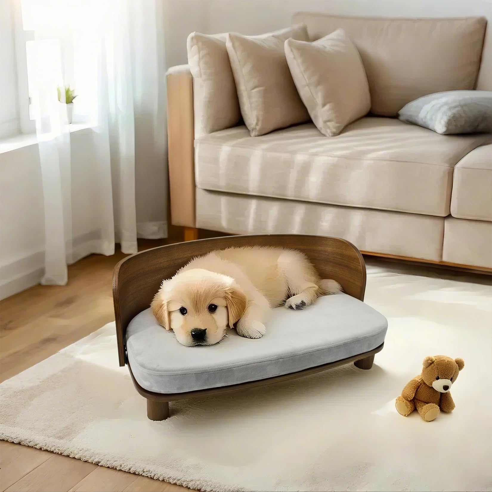 سرير من الخشب الصلب للحيوانات الأليفة من ويسفور: أريكة مرتفعة للقطط بمسند منحني، أريكة مرتفعة مع بساط ناعم قابل للإزالة وغطاء قابل للغسل، سرير خشب صلب أنيق للحيوانات الأليفة للكلاب والقطط الصغيرة