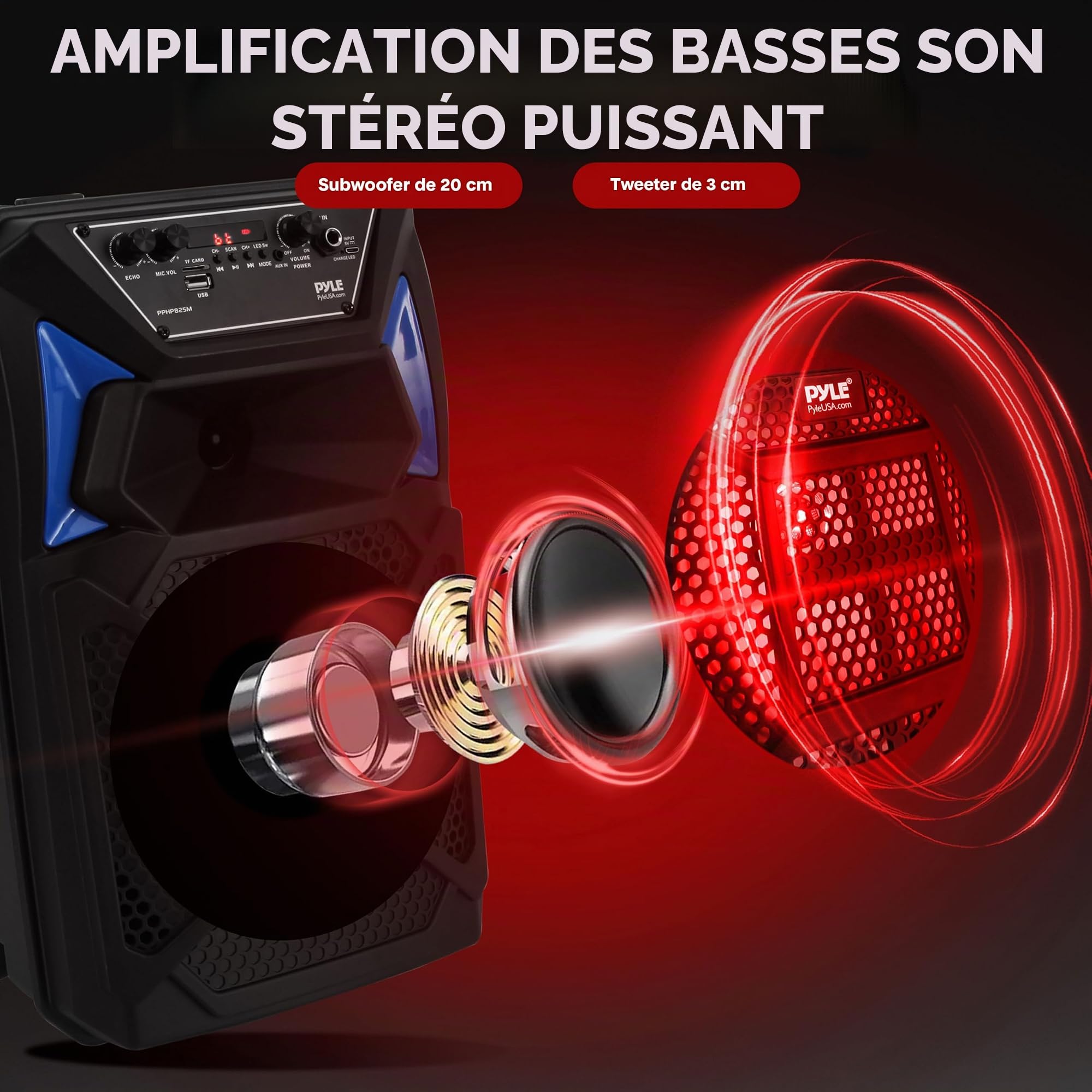 Pyle Système de Haut-Parleur Bluetooth Portable PA 400W Haut-Parleur Bluetooth Portable avec Télécommande Microphone Entrée Microphone Lumières de Fête Lecteur MP3/USB Carte SD Radio FM Roues