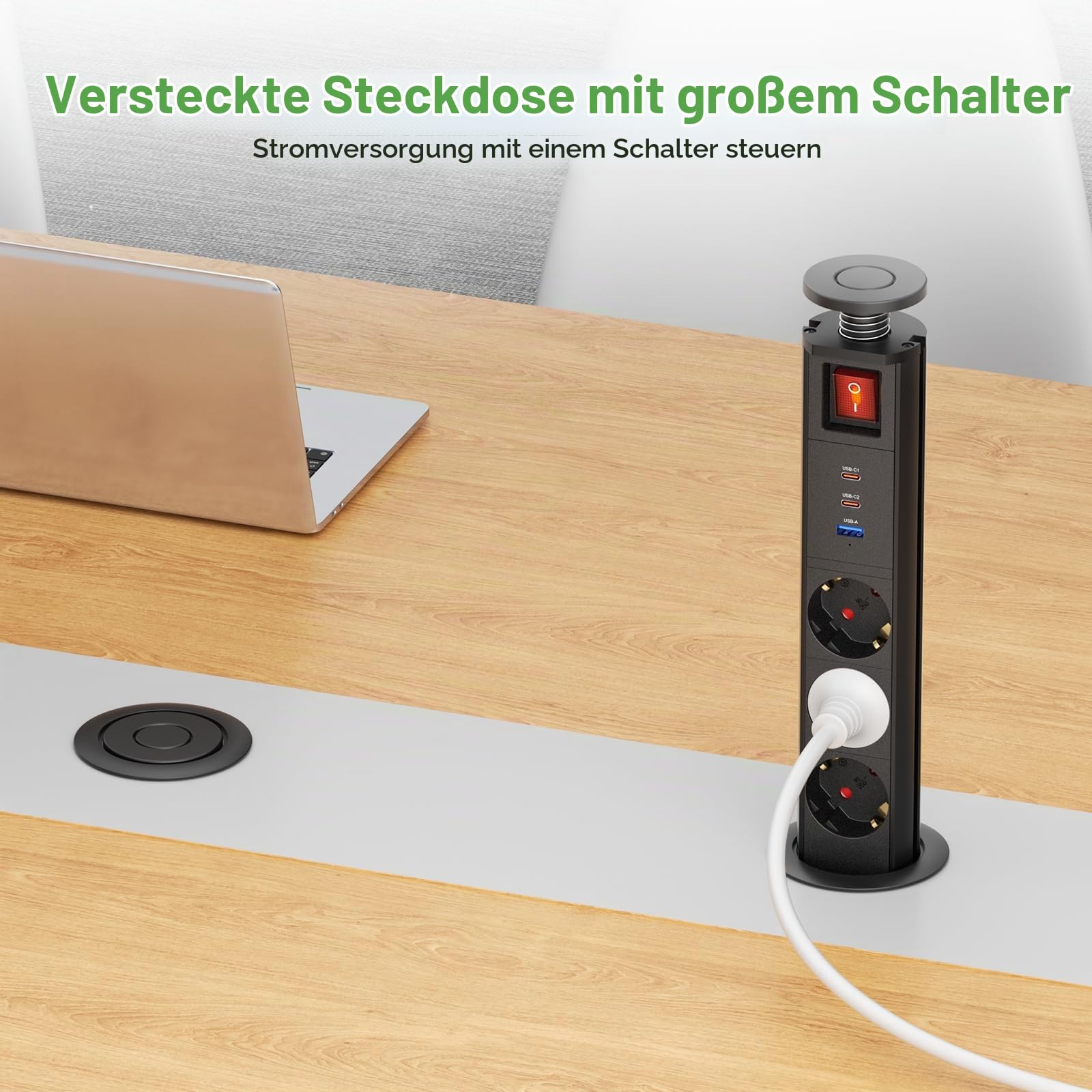 3 Fach Versenkbare Steckdose USB C PD20W mit Schalter, Einbausteckdose Versenkbar mit Schalter, Tischsteckdose Versenkbar für Arbeitsplatte Büro Küche Werkstatt, 1.8M Kabel, Schwarz