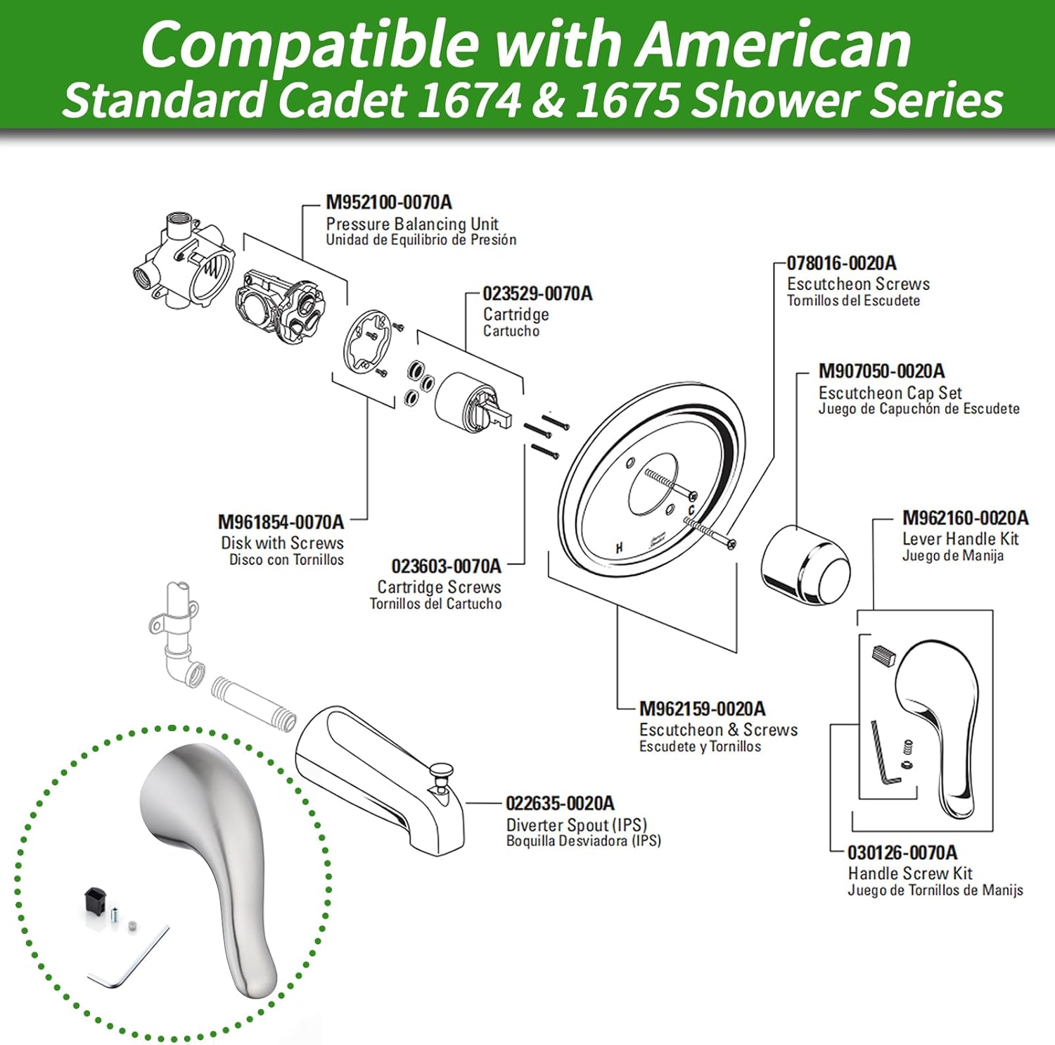 Shower Handle Replacement for American Standard M962160-0020A Lever Handle Kit, fit for Single Lever Pressure Balance Bath and Shower, Brushed Nickel