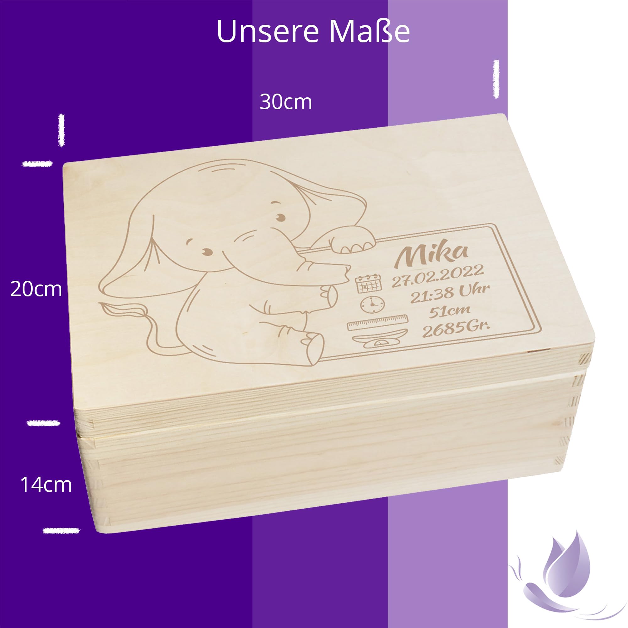Scatola dei ricordi personalizzata per neonati e bambini con incisione elefante, scatola in legno per bei ricordi, 30 x 20 x 14 cm