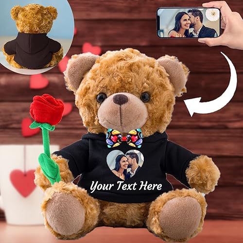 Oso de peluche personalizado con foto y texto personalizado, oso de peluche de San Valentín con rosa y lazo para ella como regalo personalizado para