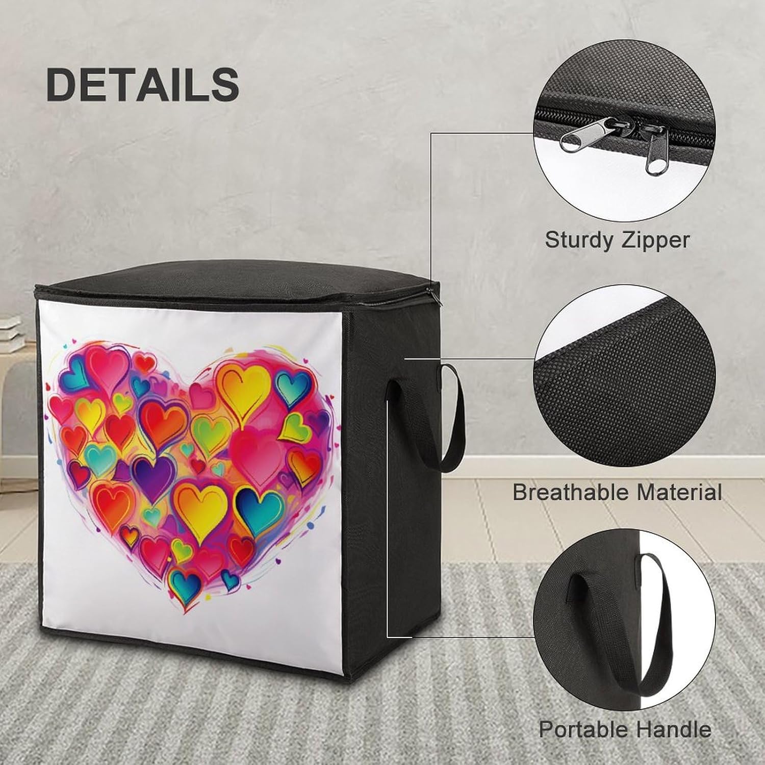 Quilt Storage Bag,Colourful Heart Printed Large Foldable Storage Container Portable Travel Storage Bag for Blankets, Quilts, Clothes, Comforter, Bedding And Pillows