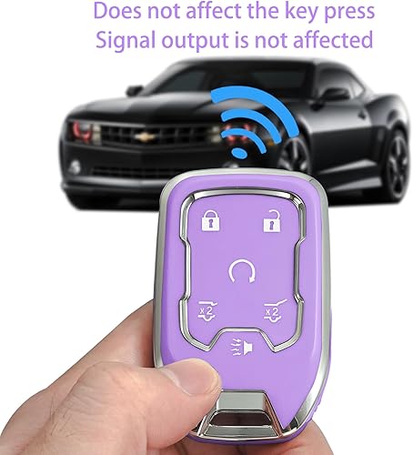 Miniatura 4 de Funda para llavero GMC con llavero de cuero, TPU suave de 6 botones, compatible con llave de automóvil Chevrolet Suburban Tahoe Yukon (morado)