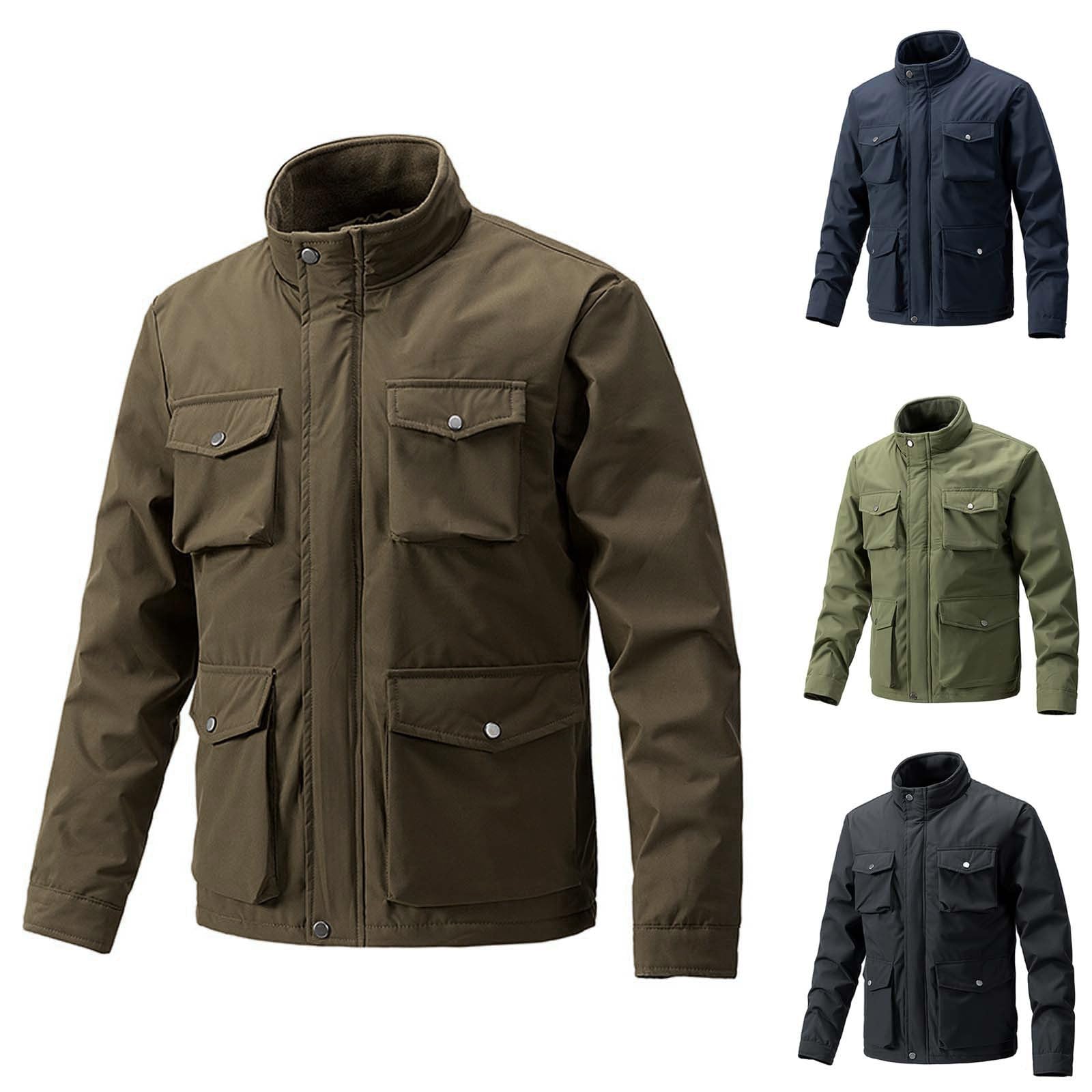 Generisch Giacca in pile da uomo, calda: giacca invernale con molte tasche, giacca da mezza stagione, con colletto alto, leggera, vintage, giacca termica classica, per attività all'aria aperta (taglia