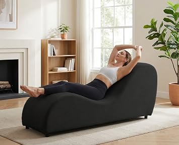 BALUS 60"W S-Shape Yoga Sofa Chaise Lounge Chair for Adults Stretching, Wooden Ergonomic Curved Lounges Chairs Indoor with Velvet Cover for Living Room Apartment Home Office Exercising Relaxing, Black