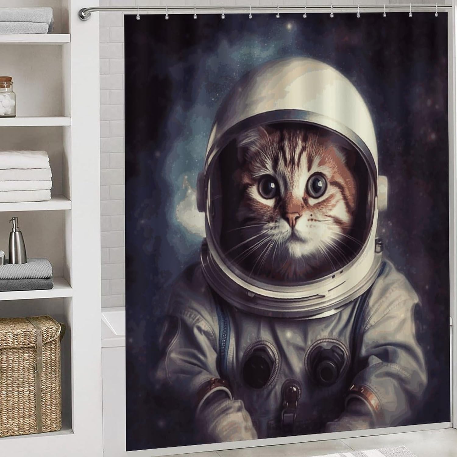 Animal Cat Astronaut Shower Curtains Set 4 Piece with Non-Slip Rugs, Toilet Lid Cover and Bath Mat Soft Bathroom Carpet Waterproof Bathroom Curtain with 12 Hooks for Bathroom Decor