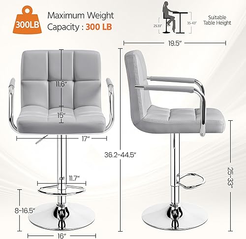 Miniatura 3 de Topeakmart Juego de 2 taburetes de cuero sintético con altura de asiento ajustable con respaldo y brazos, taburete giratorio de 360 elegante, gris
