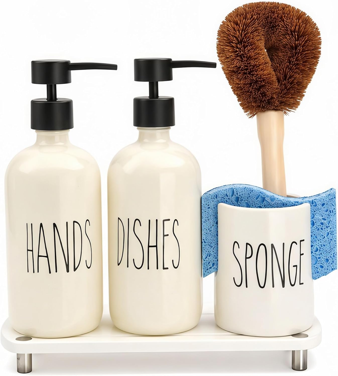 Kitchen Soap Dispenser Set with Ceramic Sponge Holder, 16.9 fl oz Hand and Dish Soap Dispensers with Instant Dry Tray, Soap Dispenser Set for Countertop Sink Organizer Kitchen Decor（Off White）