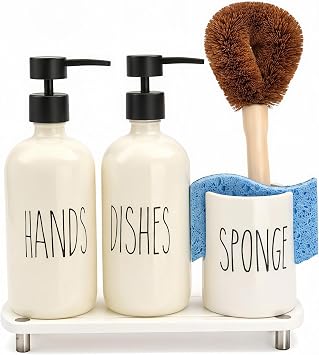 Kitchen Soap Dispenser Set with Ceramic Sponge Holder, 16.9 fl oz Hand and Dish Soap Dispensers with Instant Dry Tray, Soap Dispenser Set for Countertop Sink Organizer Kitchen DecorOff White