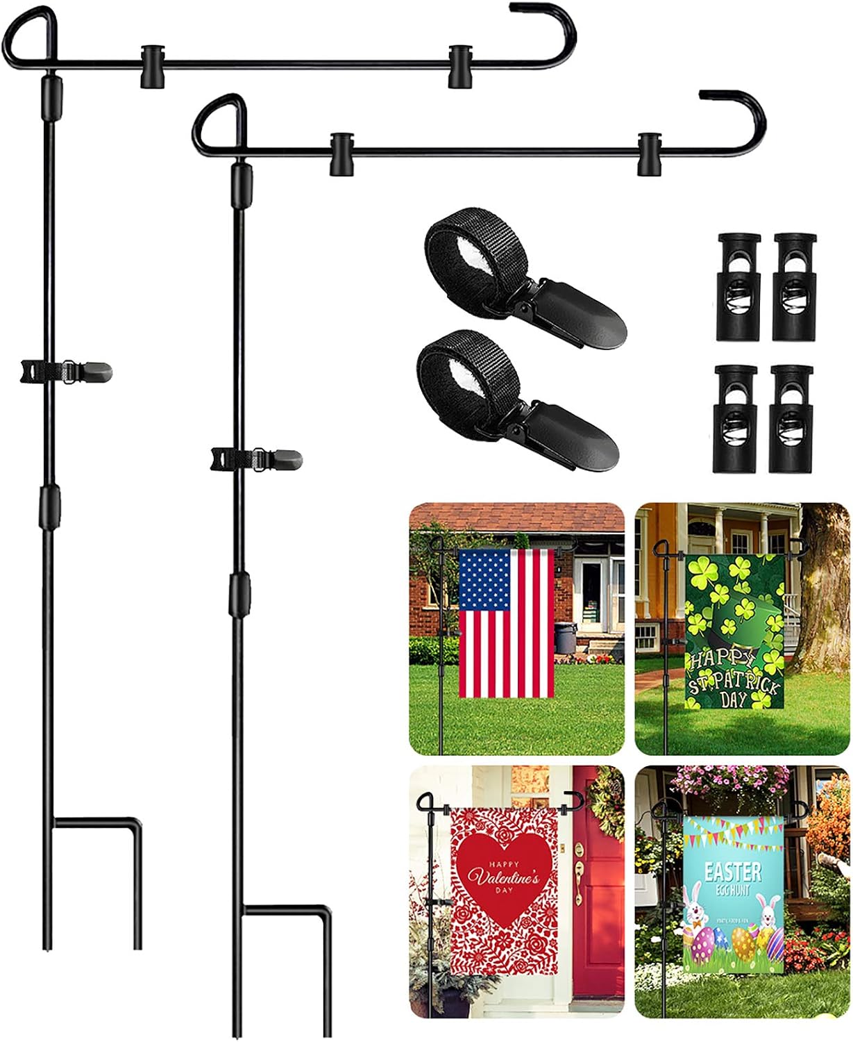 Garden Flag Stand 2 Pack, Iron Metal Garden Flag Pole Holder for Flags, Outside, Yard, Lawn with 2 Anti-Wind Clip and 4 Spring Stoppers 34" x 15" Black