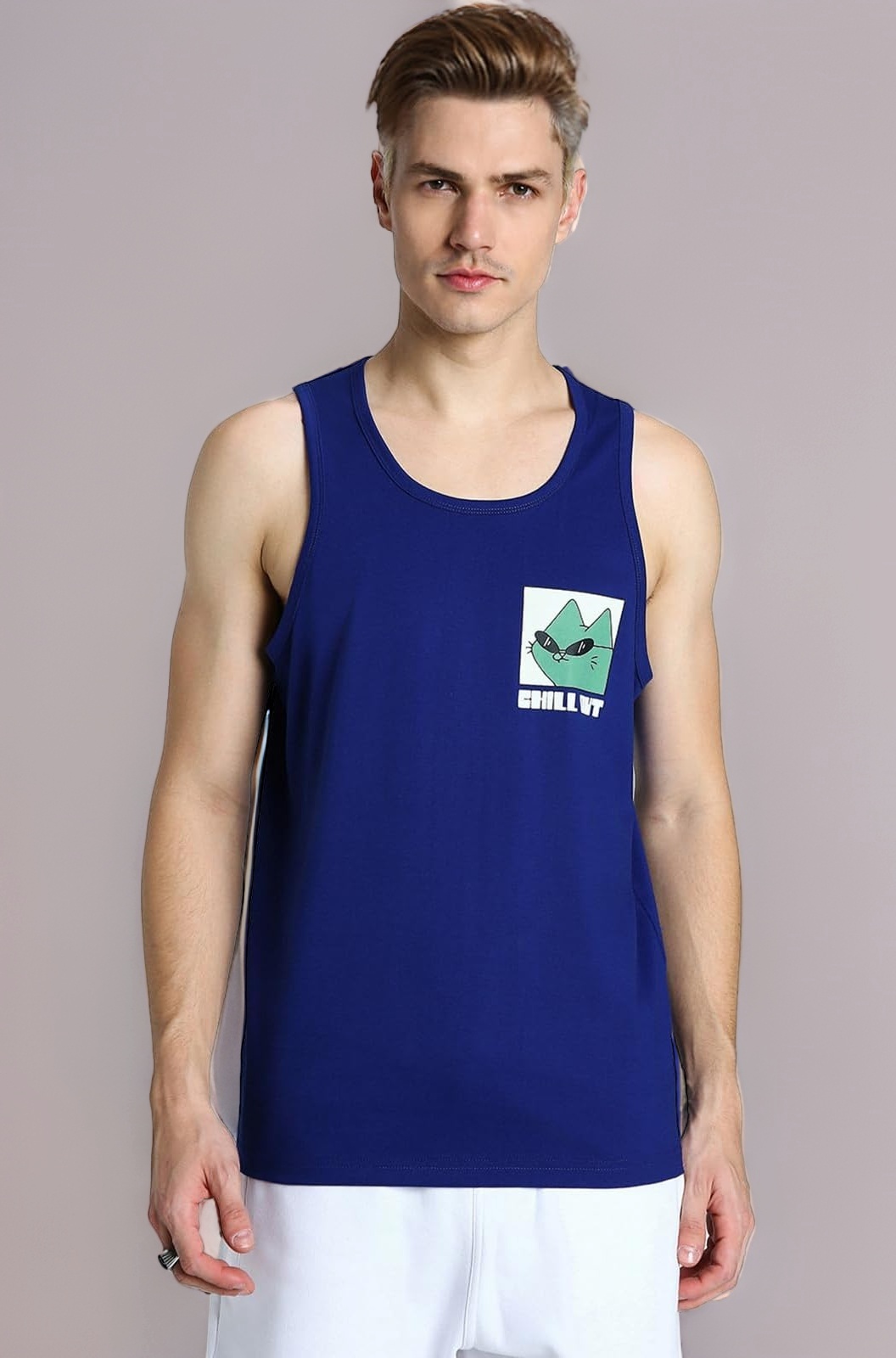 Veirdo® Pure Cotton Sleeveless Regular Fit Front Print Placement Scoop Neck Vest for Men & Boys