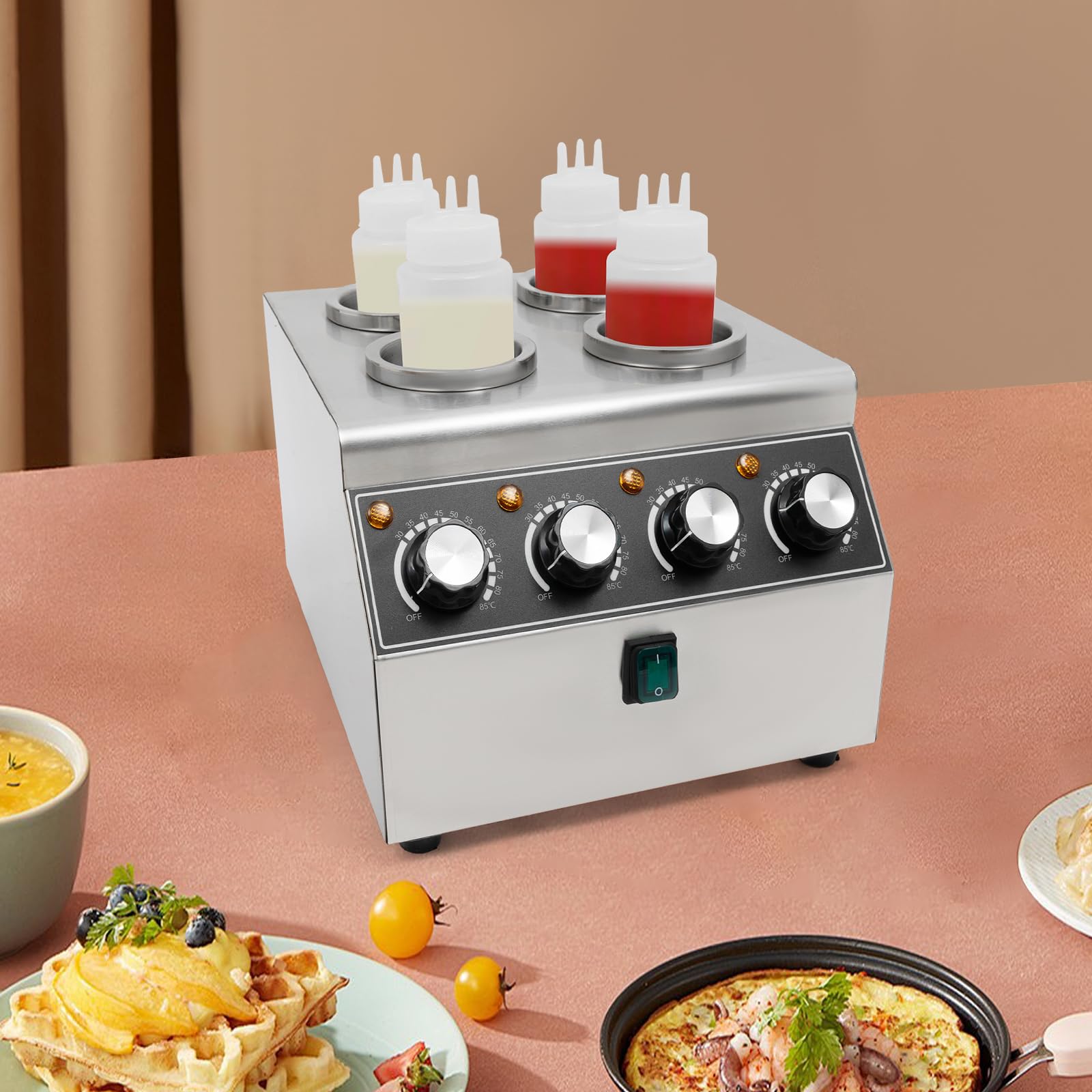 Calentador de salsas eléctrico, 800 W, con 4 botellas de PVC, máquina de calentamiento de salsas de acero inoxidable, 30-85 ℃, para mantener diferentes salsas calientes