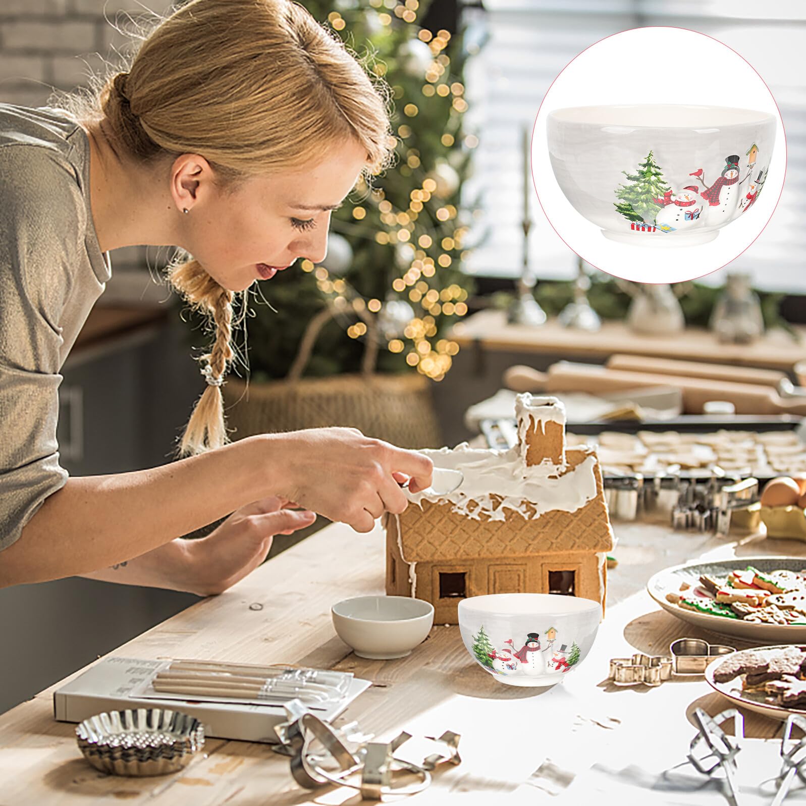 Mipcase Tazón para Sopa y Arroz de Cerámica Diseño Navideño 850 Ml Bol Grande Multifuncional para Servir Comidas Diarias Apto para Aperitivos y Ensaladas Hogar