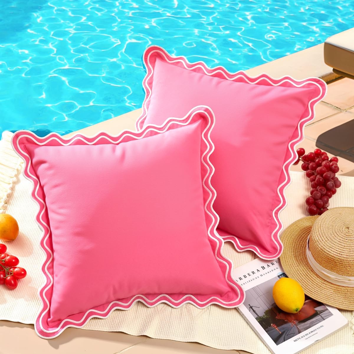 JOJOGOGO 18x18 Hot Pink Scalloped Outdoor Throw Pillow Covers Waterproof & Sunproof Set of 2, Boho Aesthetic Embroidered Pink Decorative Throw Pillows, Front Porch & Patio Furniture Decor Pillows
