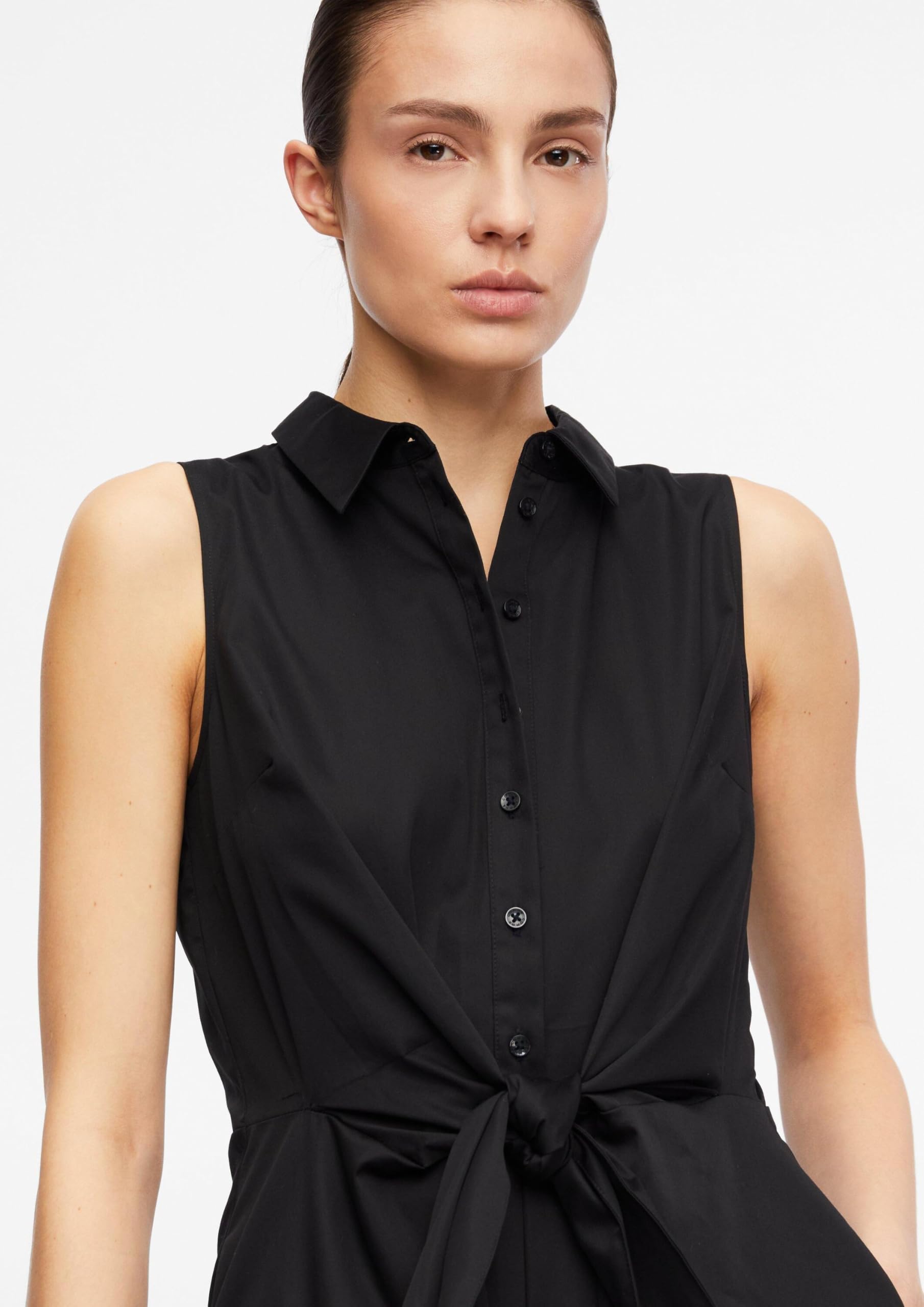 Comma Damen Kleid aus Baumwoll-Stretch – Taillierte Passform, ärmellos, Bindedetail, A-Linie – Für Festliche Anlässe