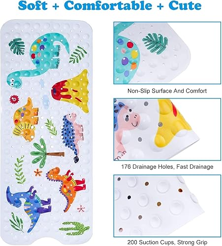 Miniatura 4 de Amfor Tapete de baño para bebé para niños, tapete de baño extra grande de 40 x 16 pulgadas, antideslizante, con dibujos animados, con ventosas y