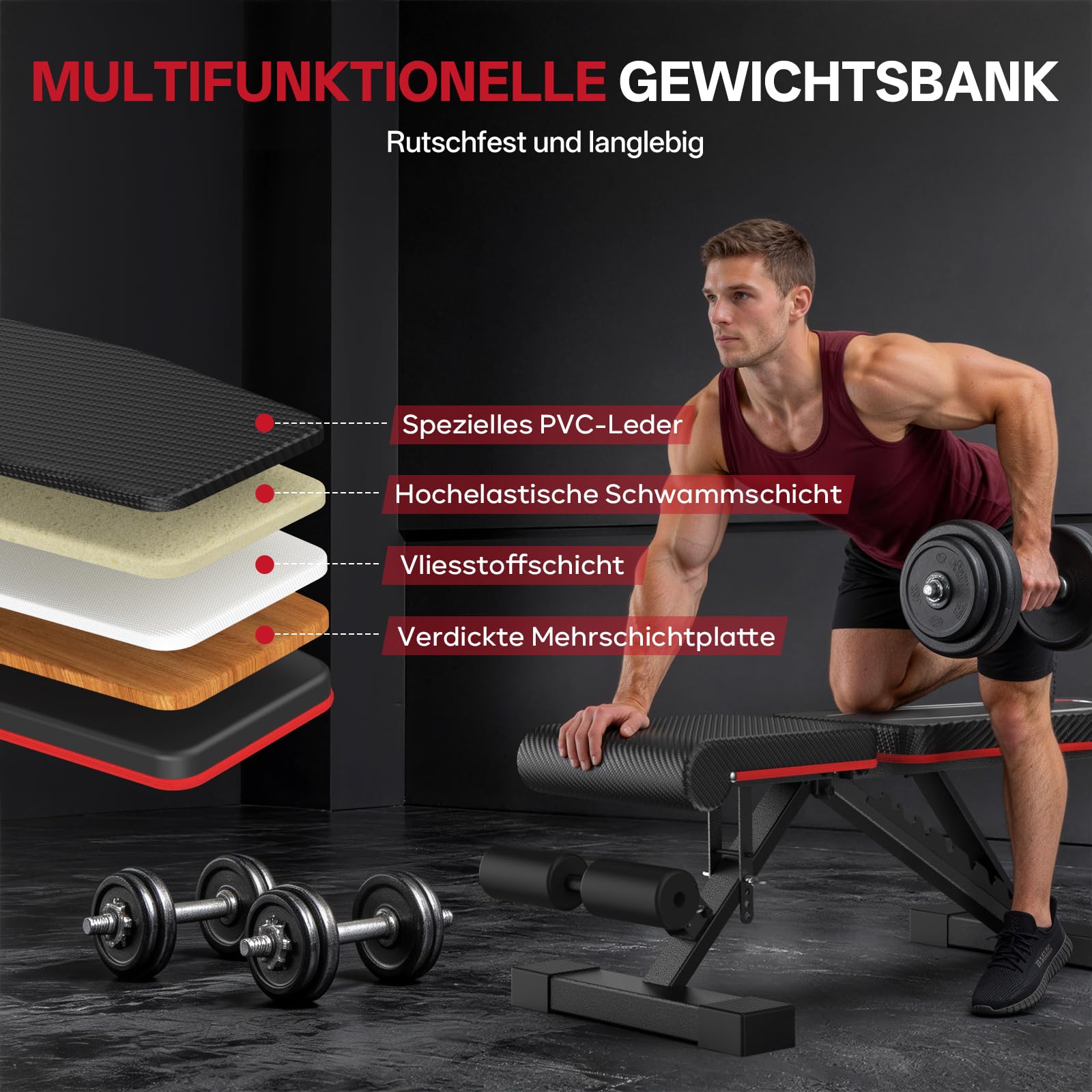 PASYOU Hantelbank Klappbar mit Rückenlehne 300kg Belastbarkeit, Verstellbar Multifunktions Trainingsbank Schrägbank für Ganzkörperworkout, Fitness Bank mit Griffen für Hause Fitnessstudio (PA350)