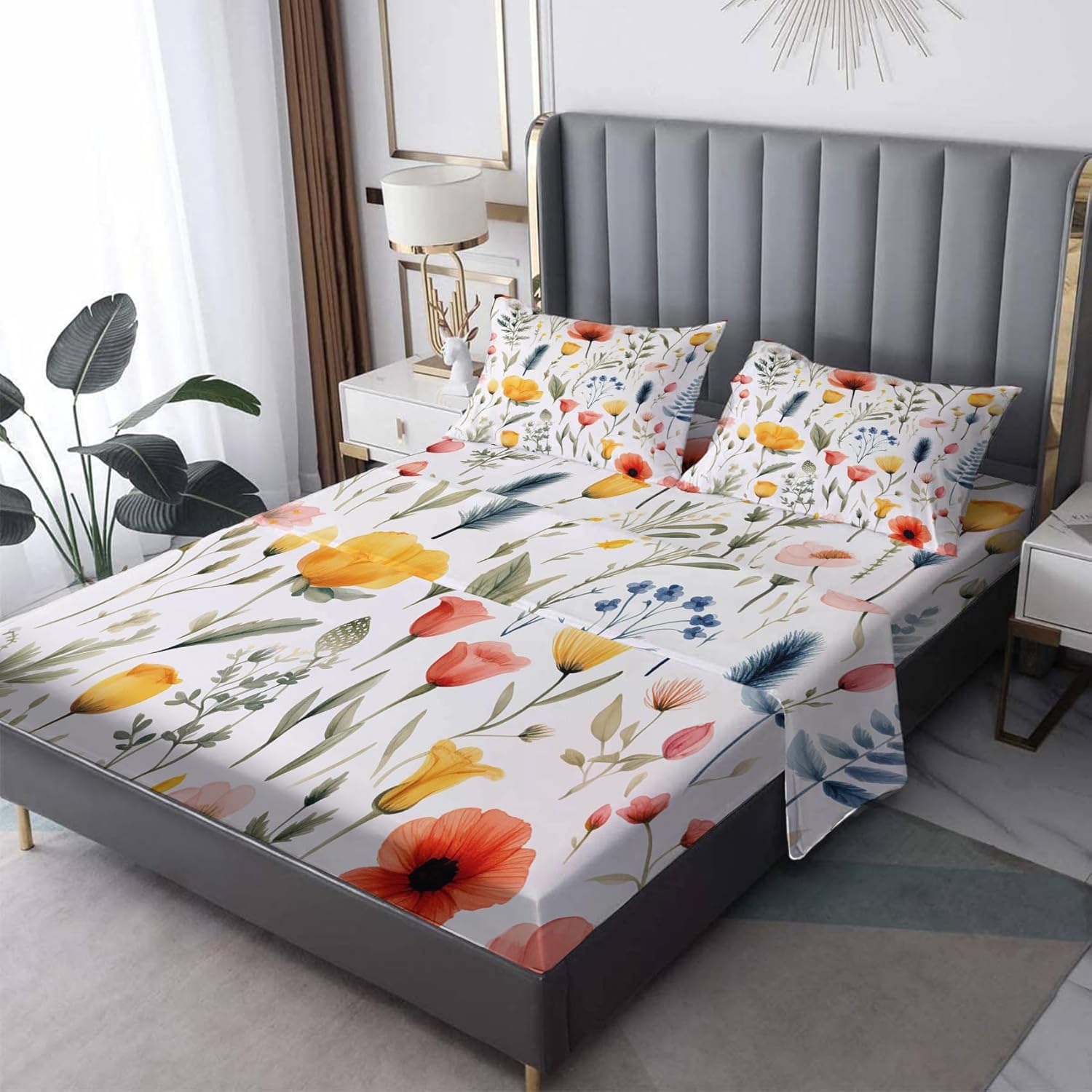 Botanical Sheets Queen Size - Floral Bed Sheets, Soft Microfiber & Deep Pocket & Wrinkle Free Patterned Bedding Sheets & Pillowcases, 4 Piece (1 Fitted Sheet, 1 Flat Sheet, 2 Pillow Cases)