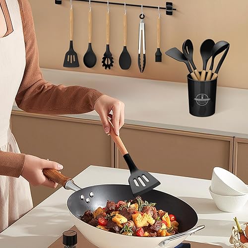 Miniatura 7 de Juego de utensilios de cocina de silicona, 22 piezas de utensilios de cocina de silicona con mango de madera, sin BPA, espátulas de revestimiento