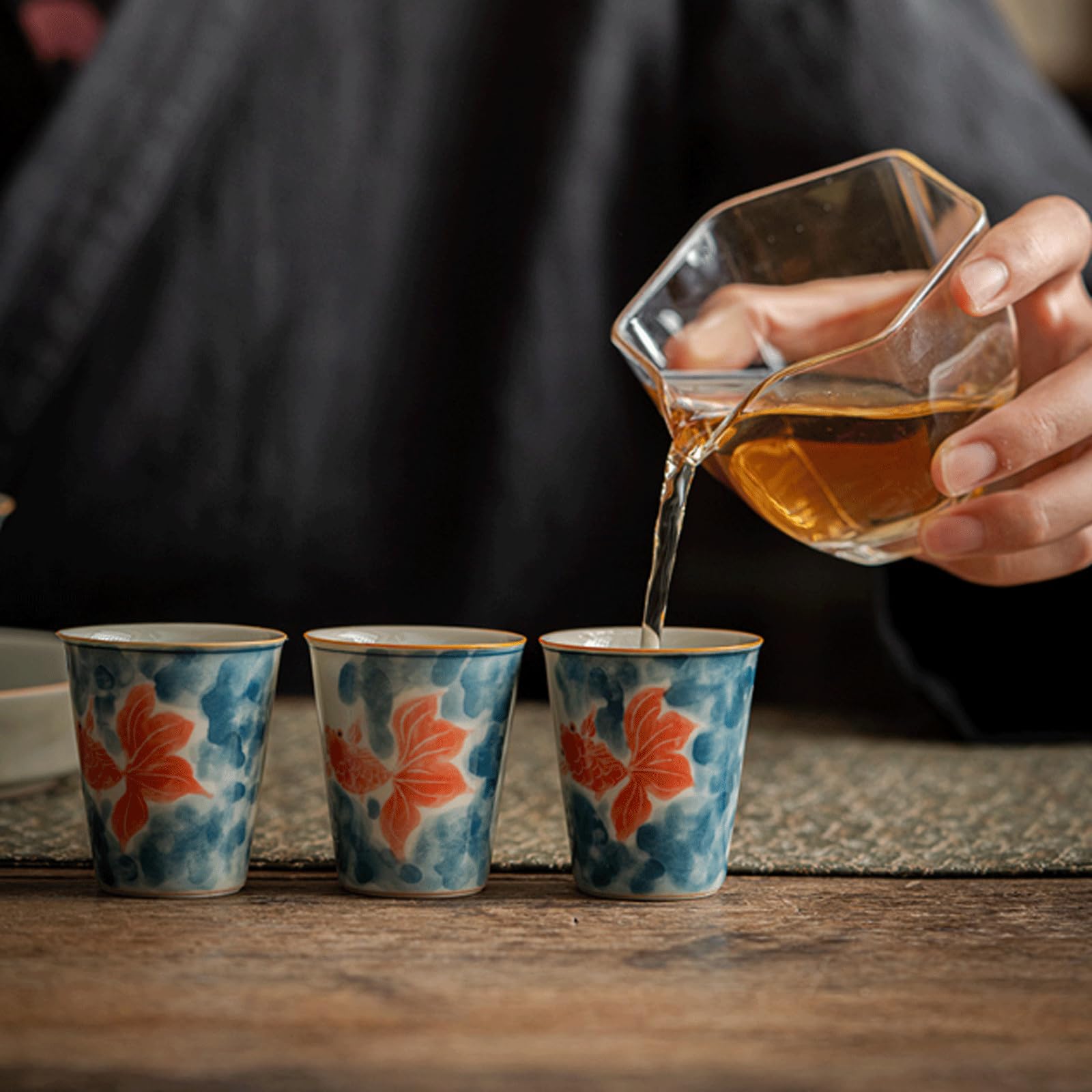 esmen Service à saké en céramique, Texture de Poisson Rouge, Tasses en céramique, Artisanat Traditionnel en Porcelaine, poterie, Verres à vin, Ensemble de 3 Tasses à saké