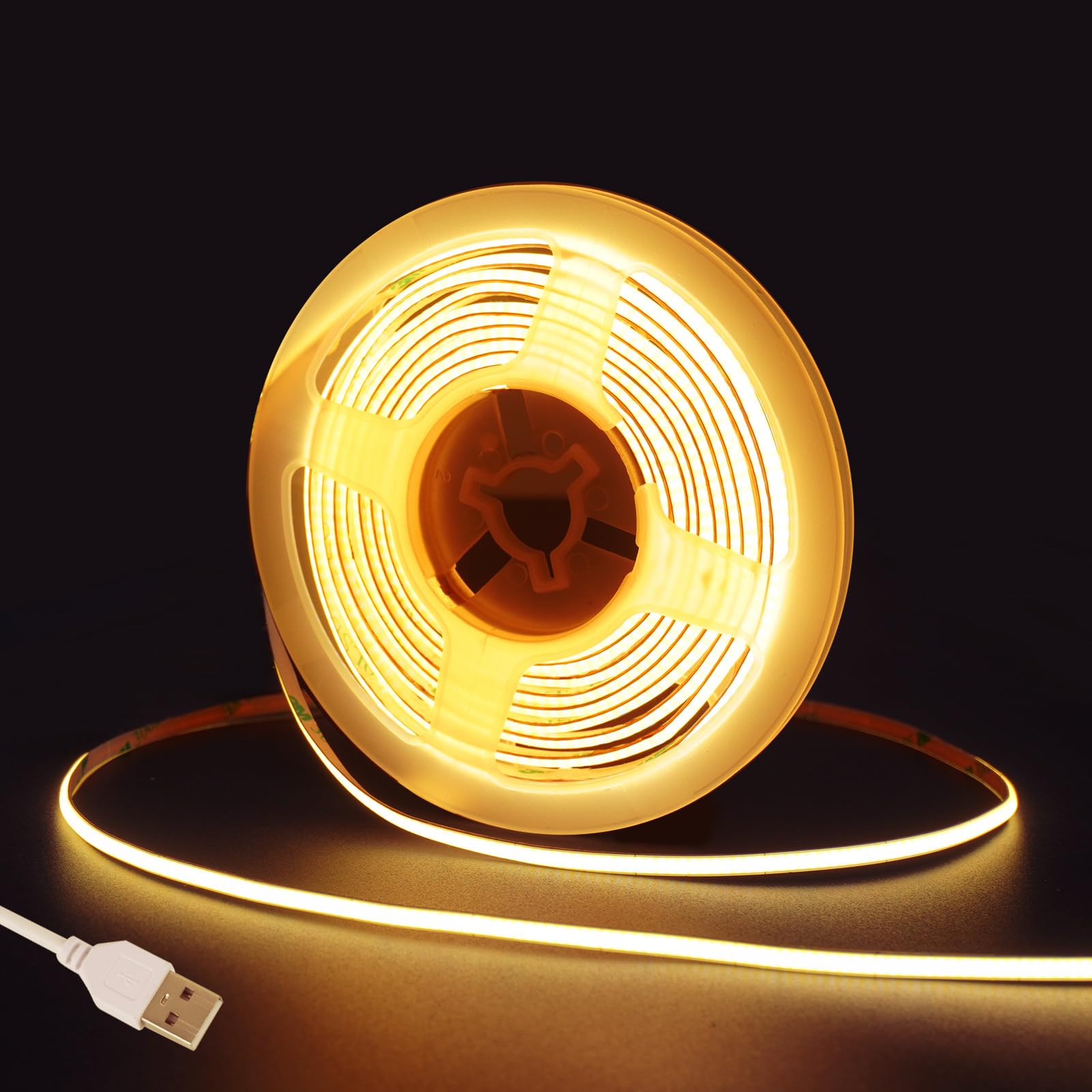 Fosingut 5V USB COB LED Strip Light 3m,3000K Warm White LED TV Backlight,480LED/m CRI90+ Flexible Under Cabinet Kitchen Light,4mm COB Tape Lights for Mirror,Wardrobe,Car,Bedroom,Home DIY Lighting