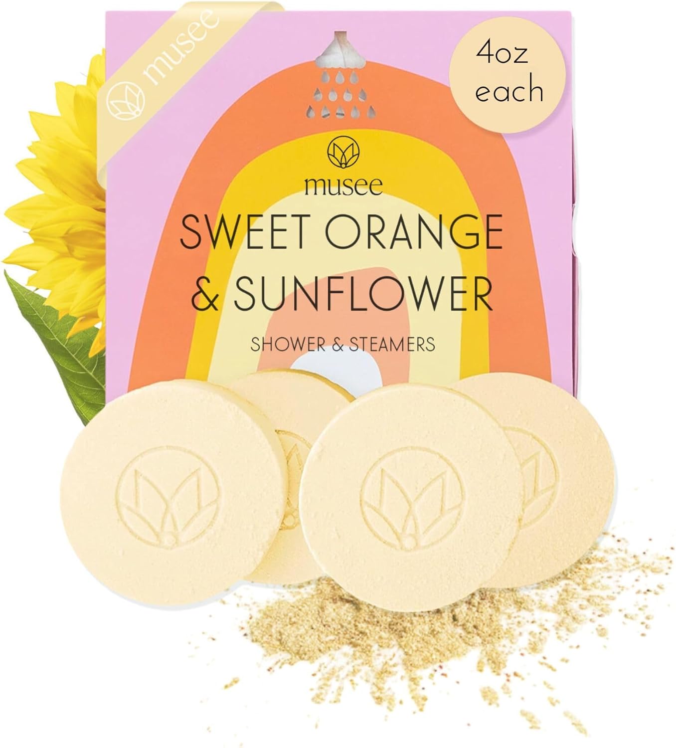 Musee Shower Steamers, Sweet Orange and Sunflower, Aromatherapy Gift Set for Women, Handmade in USA, Paraben-Free & Sulfate-Free, Unique Christmas Gifts for Women, 4-Piece Set