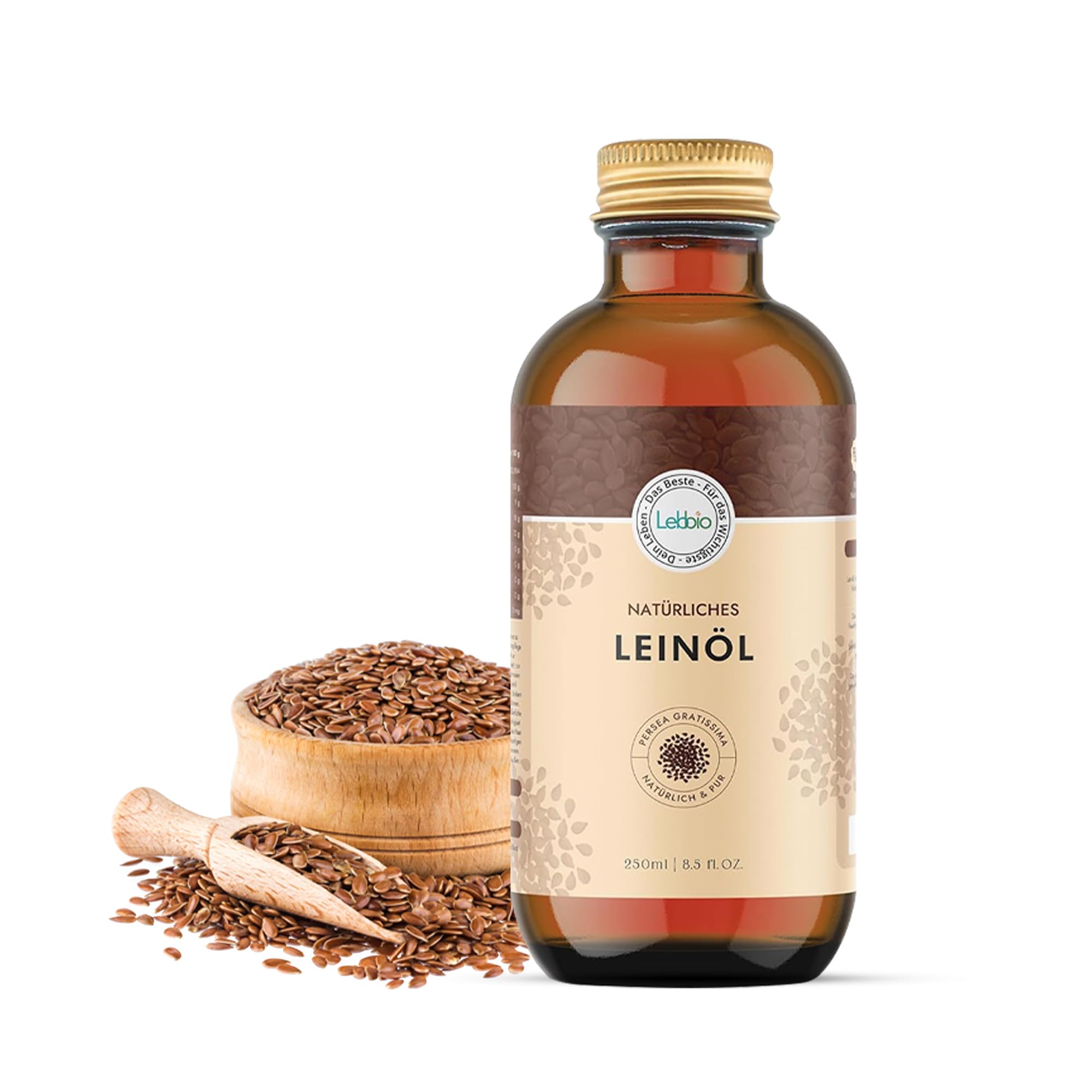LEBBIO Huile de lin 250 ml [100 % naturelle et pressée à froid] Huile de lin vierge – Riche en acides gras oméga 3 insaturés, antioxydants et calcium, huile Flaxseed Oil non filtrée, 100 % naturelle