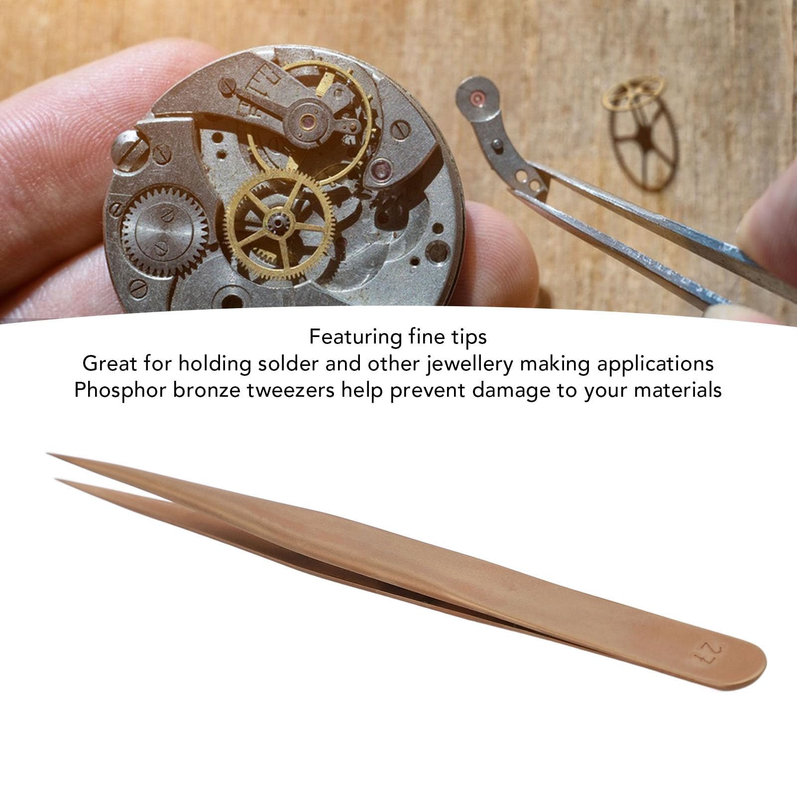 Cryfokt Pinzette Non Magnetiche in Bronzo Fosforoso per la Riparazione di Orologi, Strumento di Fissaggio Antiscivolo di Precisione Punte Fini da 135 Mm per la Creazione di Gioielli