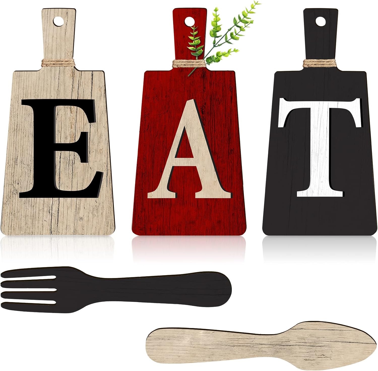Jetec Cutting Board Eat Sign Set Hanging Art Kitchen Eat Sign Fork and Spoon Wall Decor Rustic Primitive Country Farmhouse Kitchen Decor for Home Decoration(Red, Beige, Gray)