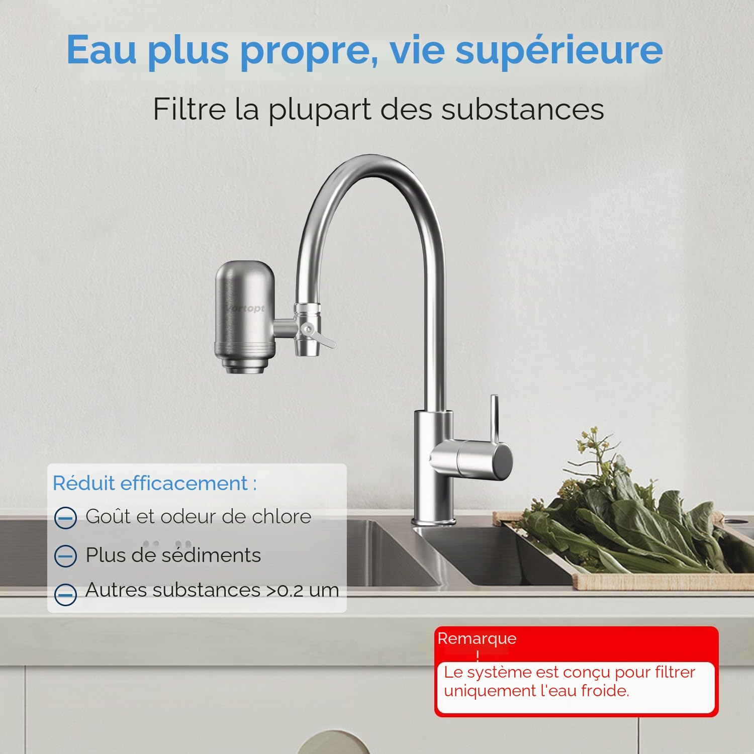 Vortopt Filtre eau Robinet en Acier Inoxydable, Système de Filtration d'eau à Bloc de Carbone, Filtre à eau du Robinet, Réduit Chlore, Mauvais Goût et Odeur, T2 (1 Filtre Inclus)