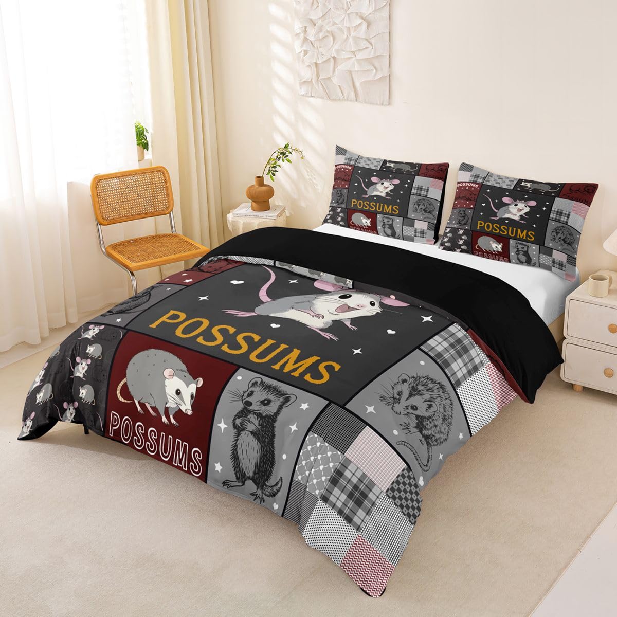 Homewish Cartoon Oposy zwierzę patchworkowa czerwona szara poszewka na kołdrę podwójna kawaii kratka zestaw pościeli geometryczny pasek poszewka na kołdrę naturalna przyroda zestawy łóżek