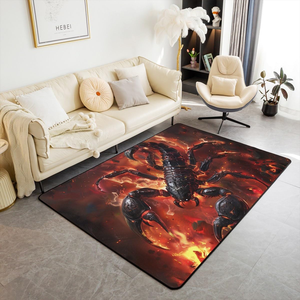 Black Scorpion Area Rug,3D Red Burning Flame Indoor Floor Mat Entrance Rug,Wild Animals Non Slip Rug Western Magical Chairs Couch Living Room Bedroom Decor,3'x5'