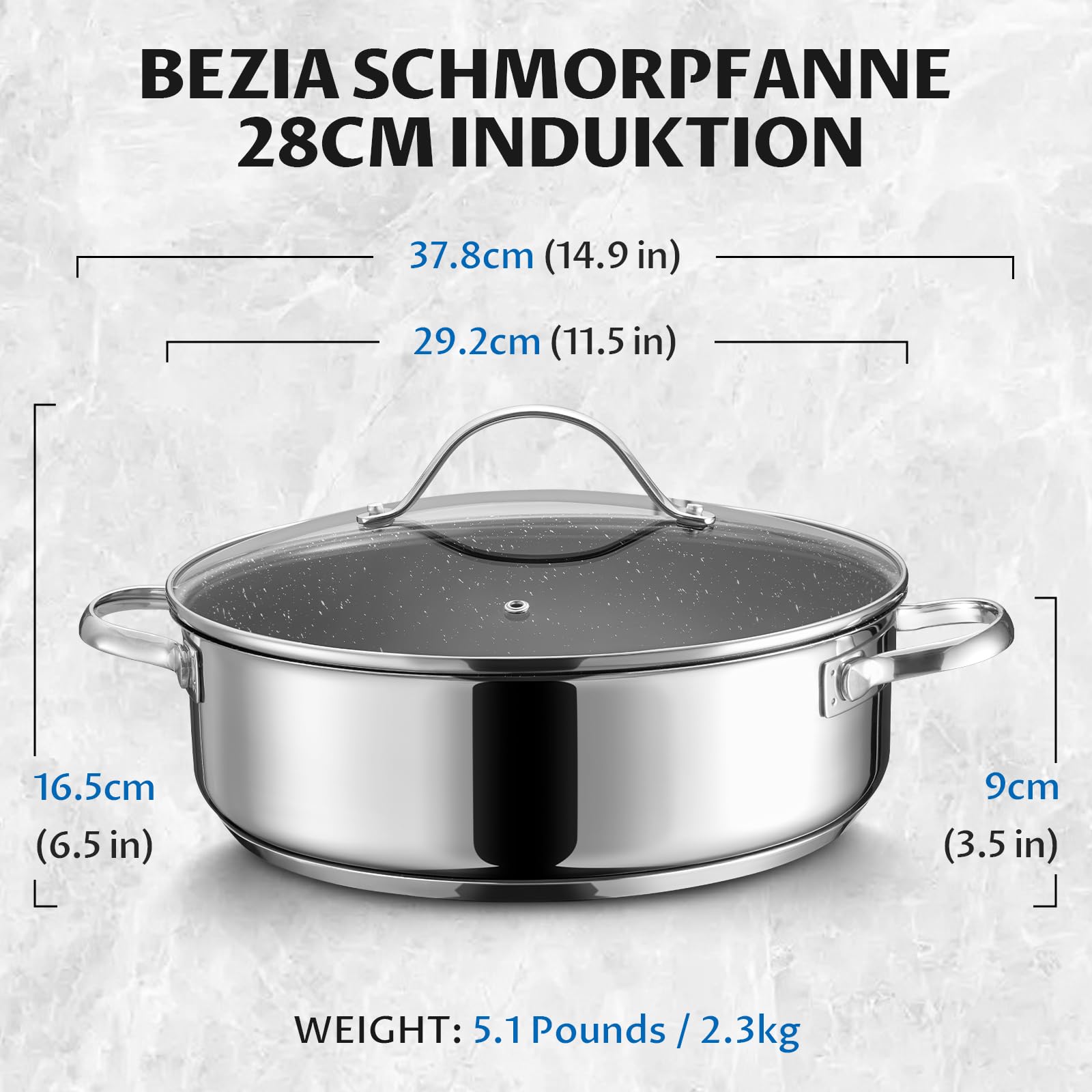 BEZIA Schmorpfanne 28 cm mit hohem Rand & Deckel, Induktions-Bräter 5,2 L | Edelstahl 18/10, Keramikbeschichtung Pfanne für alle Herdarten, Backofenfester Schmortopf & Bratpfanne zum Schmoren & Braten