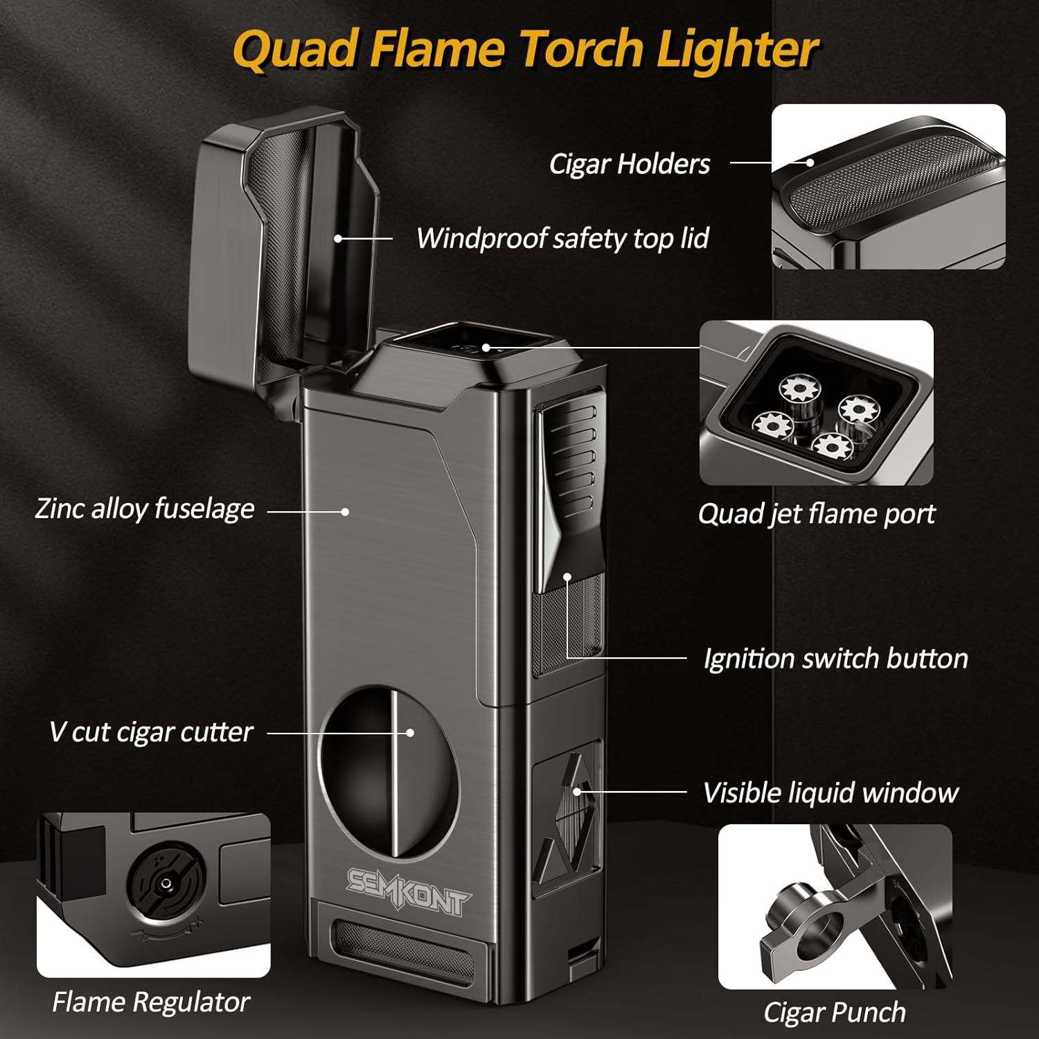 Cigar Humidor and Cigar Ashtray, Wooden Ashtray with Cigar Jar Tray and Cigar Cutter,4 Jet Flame Refillable Butane Lighter with V Cut Cigar Cutter,Cigar Punch,Cigar Holder and Draw Enhancer