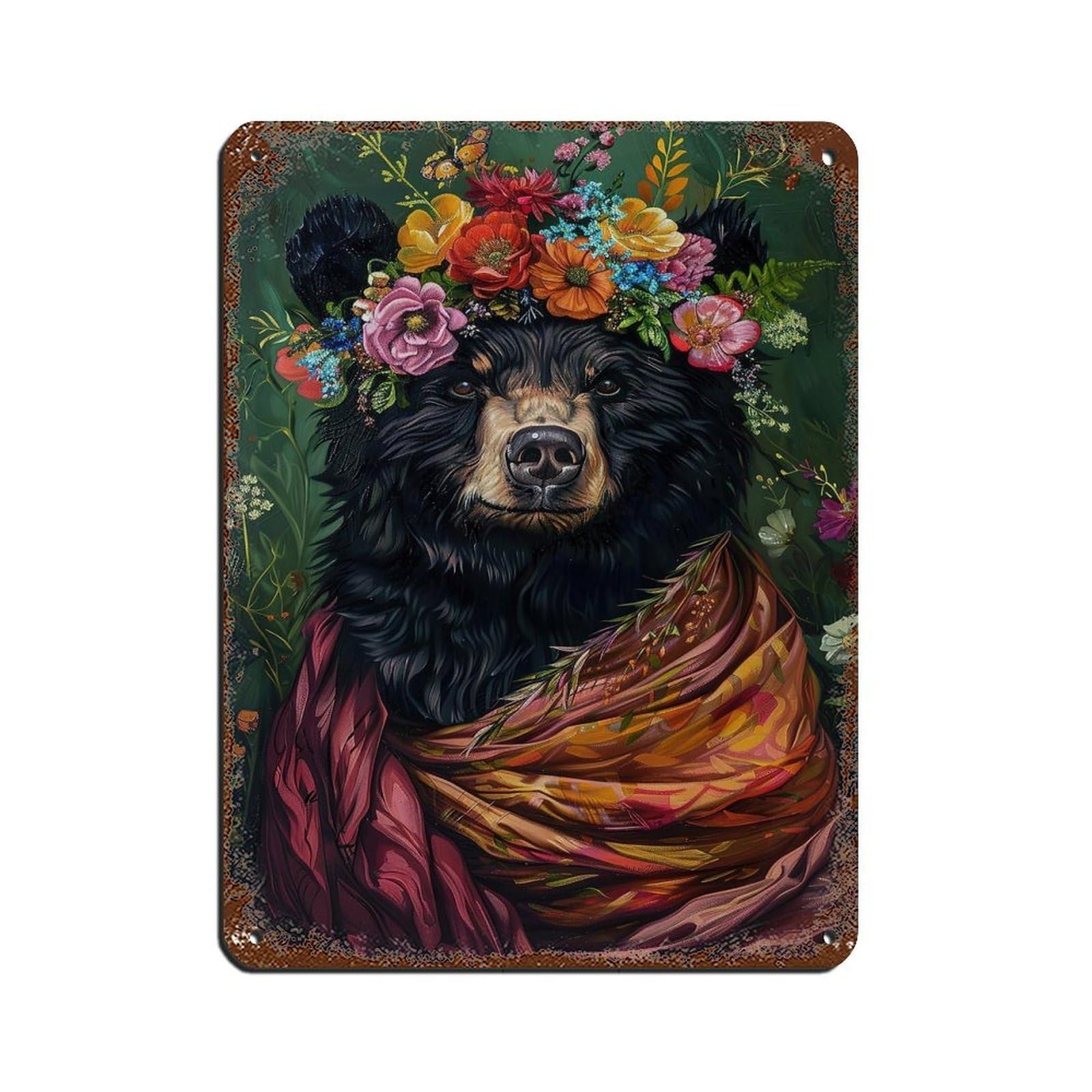 Vintage Maximalist Floral Black Bear Poster Retro Poster Metal Tin Sign Chic Art Retro Iron Painting Bar People Cave Cafe Family Garage Poster Wall Decoration 12x16inch(30x40cm)