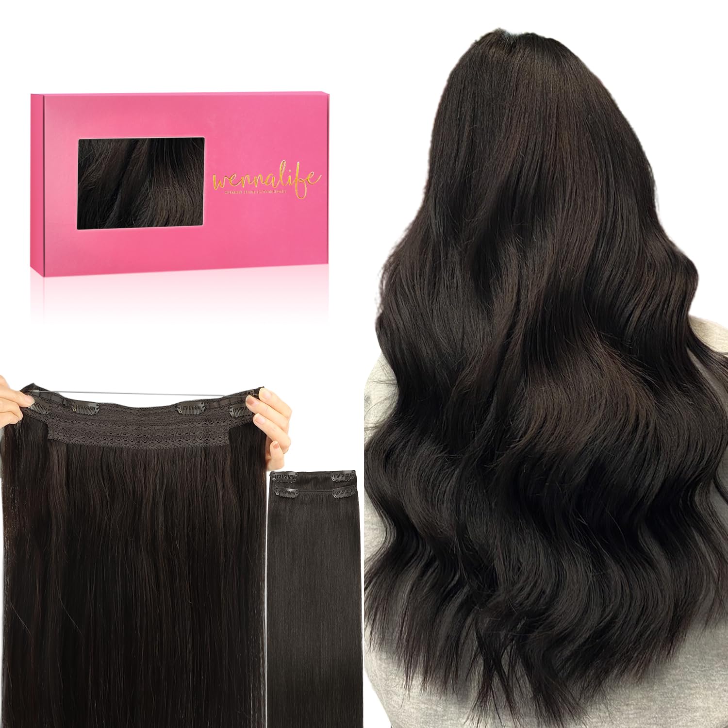 WENNALIFE Wire Hair Extensions (Increase 50% Lifespan) Real Human Hair 14 inch 75g Balayage Dark Brown to Chestnut Remy Invisible Transparent Fish Line — view 34