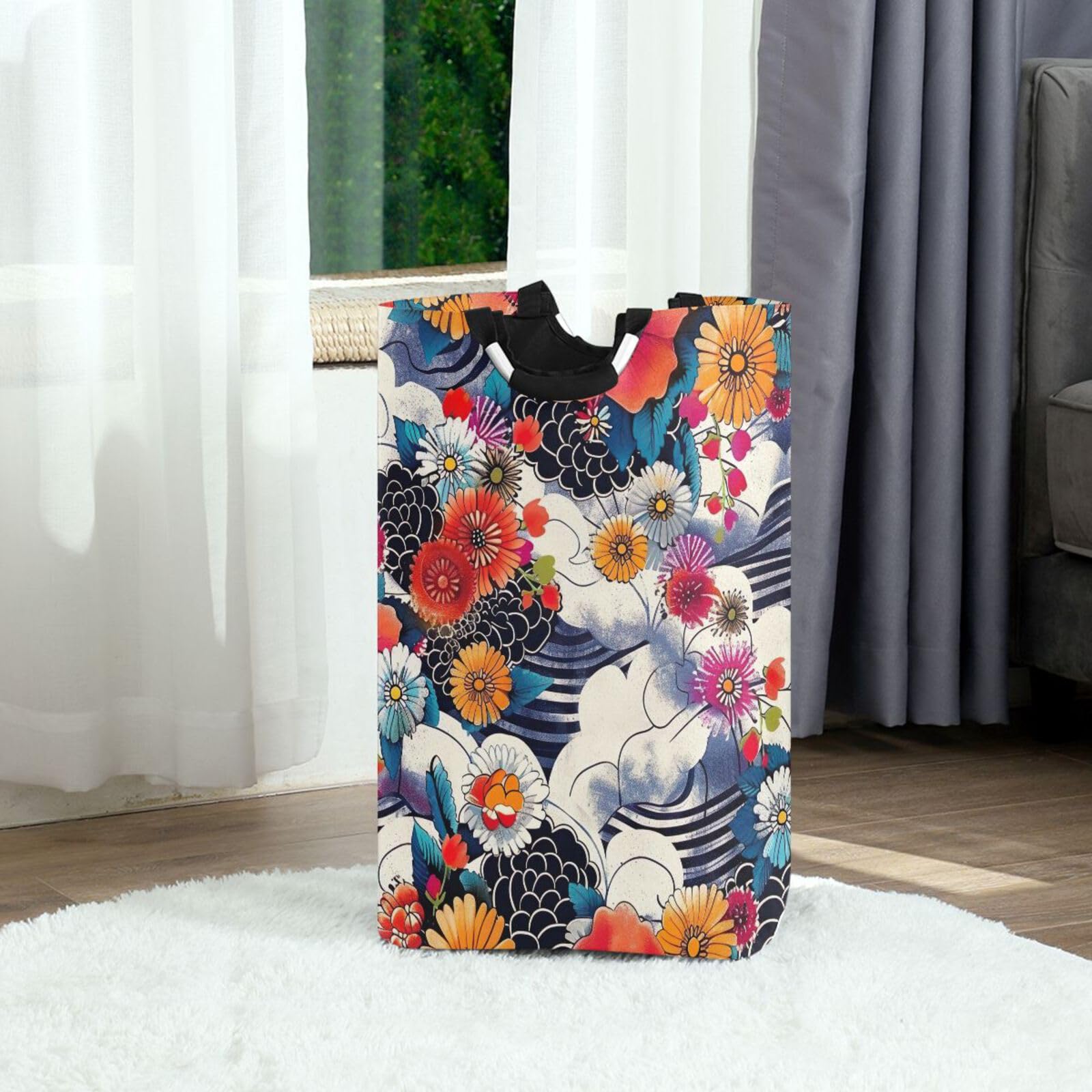 Jihqo Laundry Hamper Basket Japanese Style Flowers Collapsible Nursery Storage Bin Waterproof Clothing Baskets for Home Bedroom Bathroom Washing Room