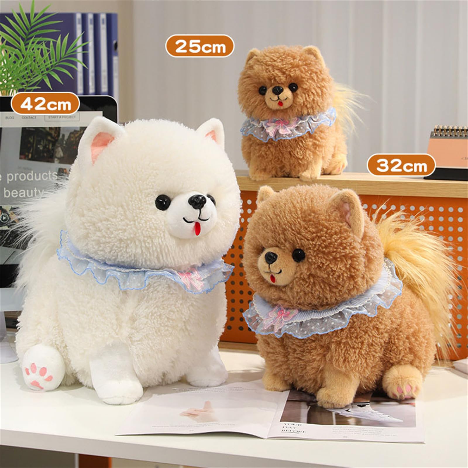 Plüschtiere, Pomeranian-Plüsch, 23 cm, süßes Welpen-Plüschtier for Kinder, weiches Pomeranian-Hunde-Plüschtier(Brown,25cm)