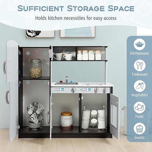 Miniatura 6 de Juego de cocina, juego de cocina de madera para niños con microondas, refrigerador, lavadora, fregadero, accesorios de cocina, hornos, juguetes de