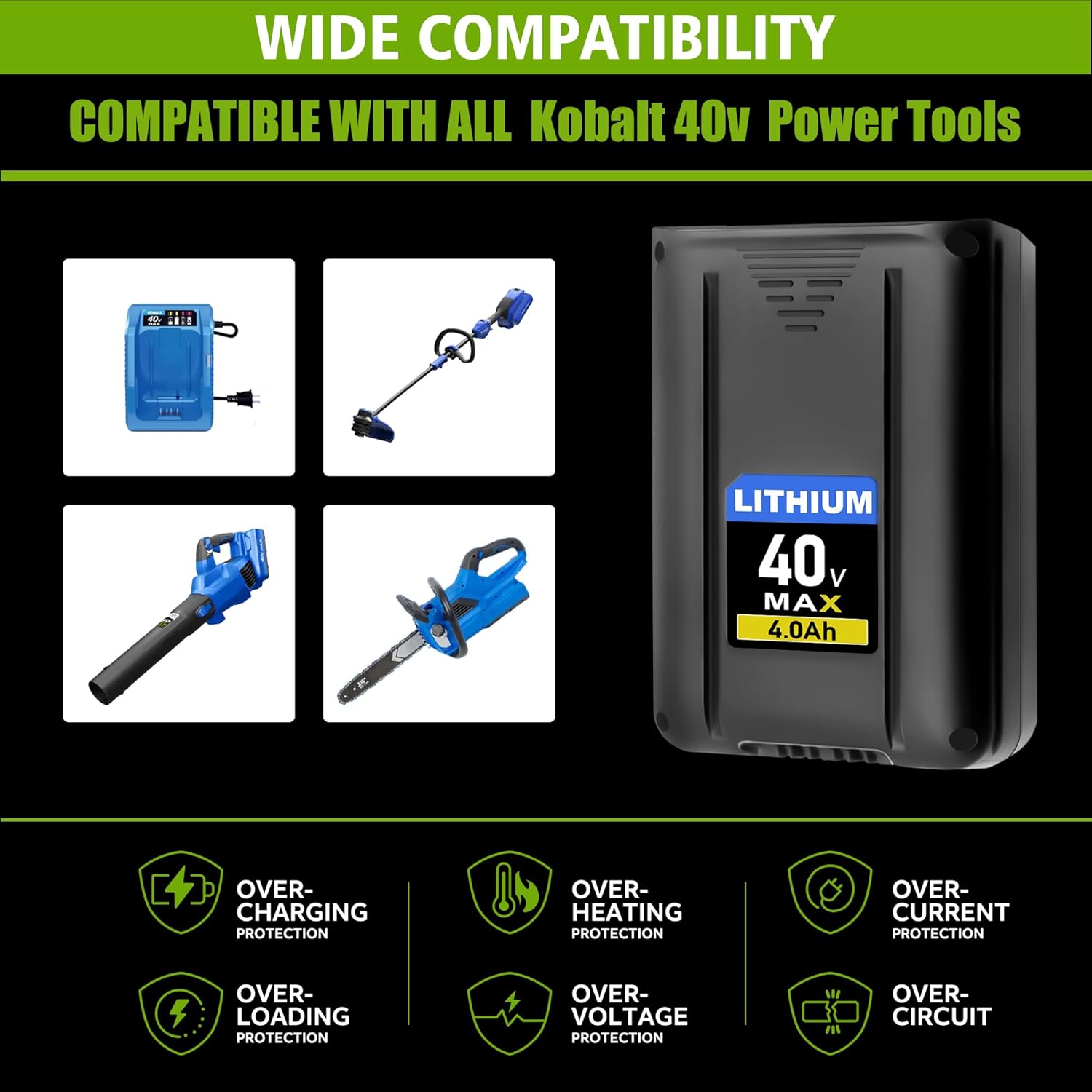 40-Volt 4-Amps 4.0ah Battery Replacement for Kobalt 40V Battery KB540-06 KB440-03/2540C-06/640-03/240-06/640-06/245-06 ‎KRC40-06 KB440C-06 KRC60/C40-06 KB240-06 Cordless Power Equipment Battery