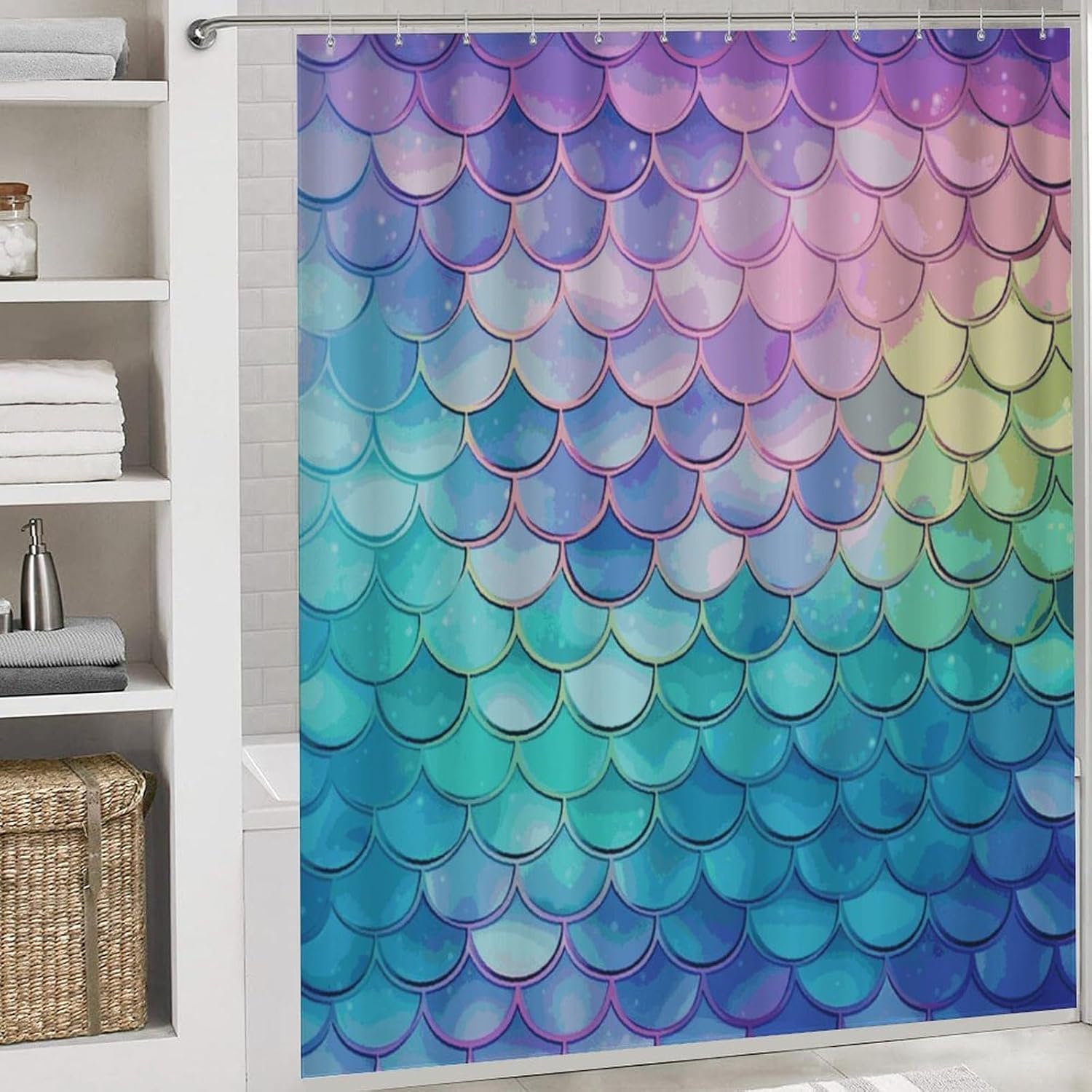 Dreamy Gradient Mermaid Scales 4Pcs Shower Curtain Set with Non-Slip Rugs, Toilet Lid Cover and Bath Mat,Bathroom Set Decor Accessories,Curtain Set with 12 Hooks, 72 X 72 Inch